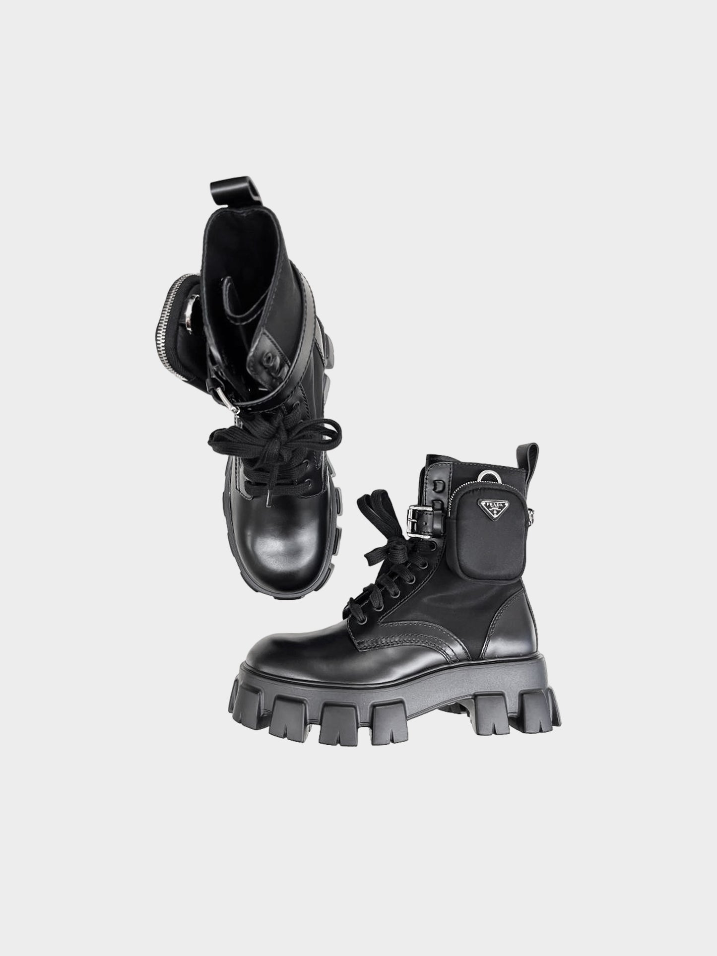 Prada 2022 Black Brushed Leather and Re-nylon Trim Monolith Boots with Pouches