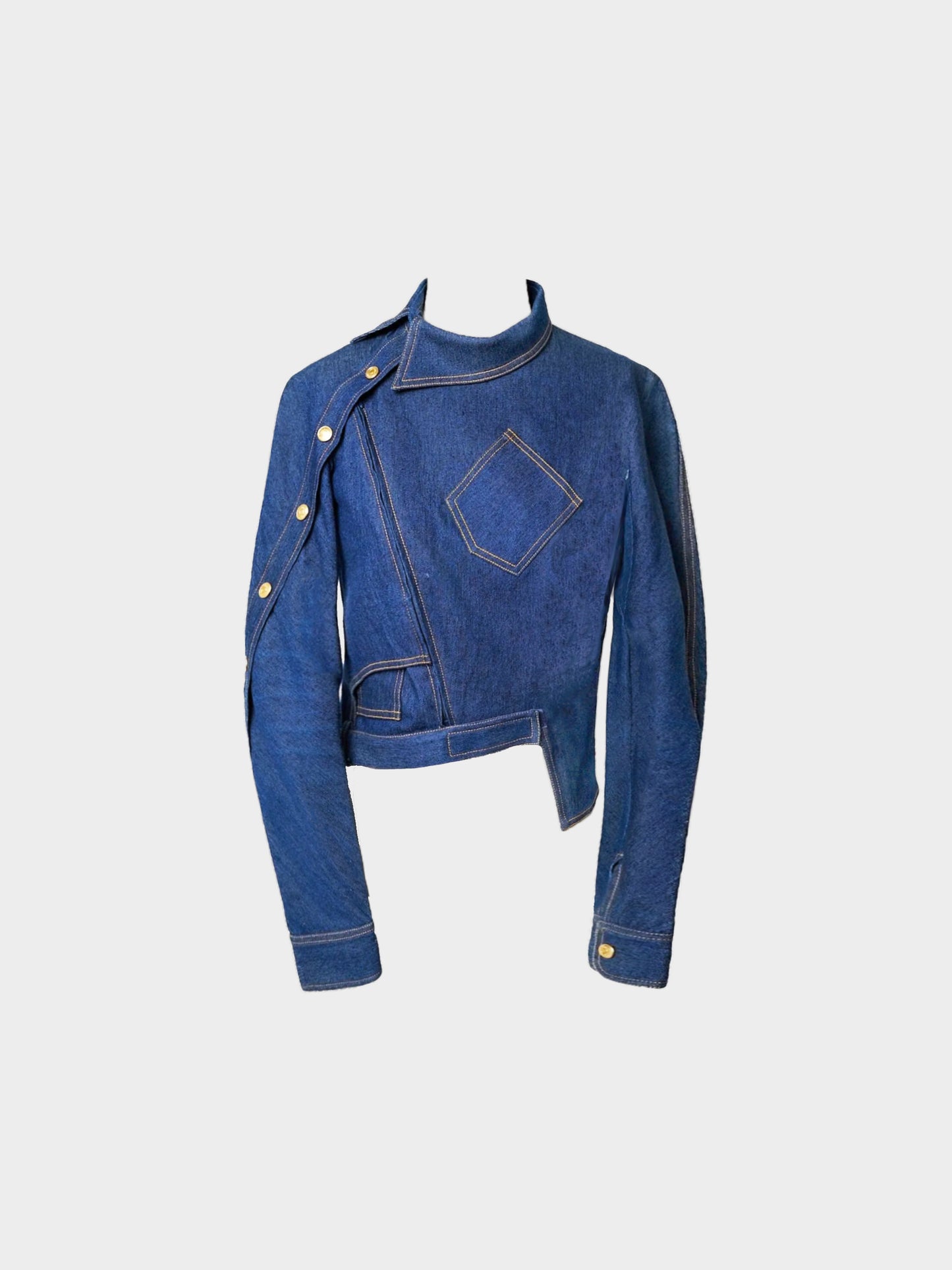 Christian Dior by John Galliano SS 2000 Runway Denim Asymmetric Jacket and Equestrian Wrap Skirt