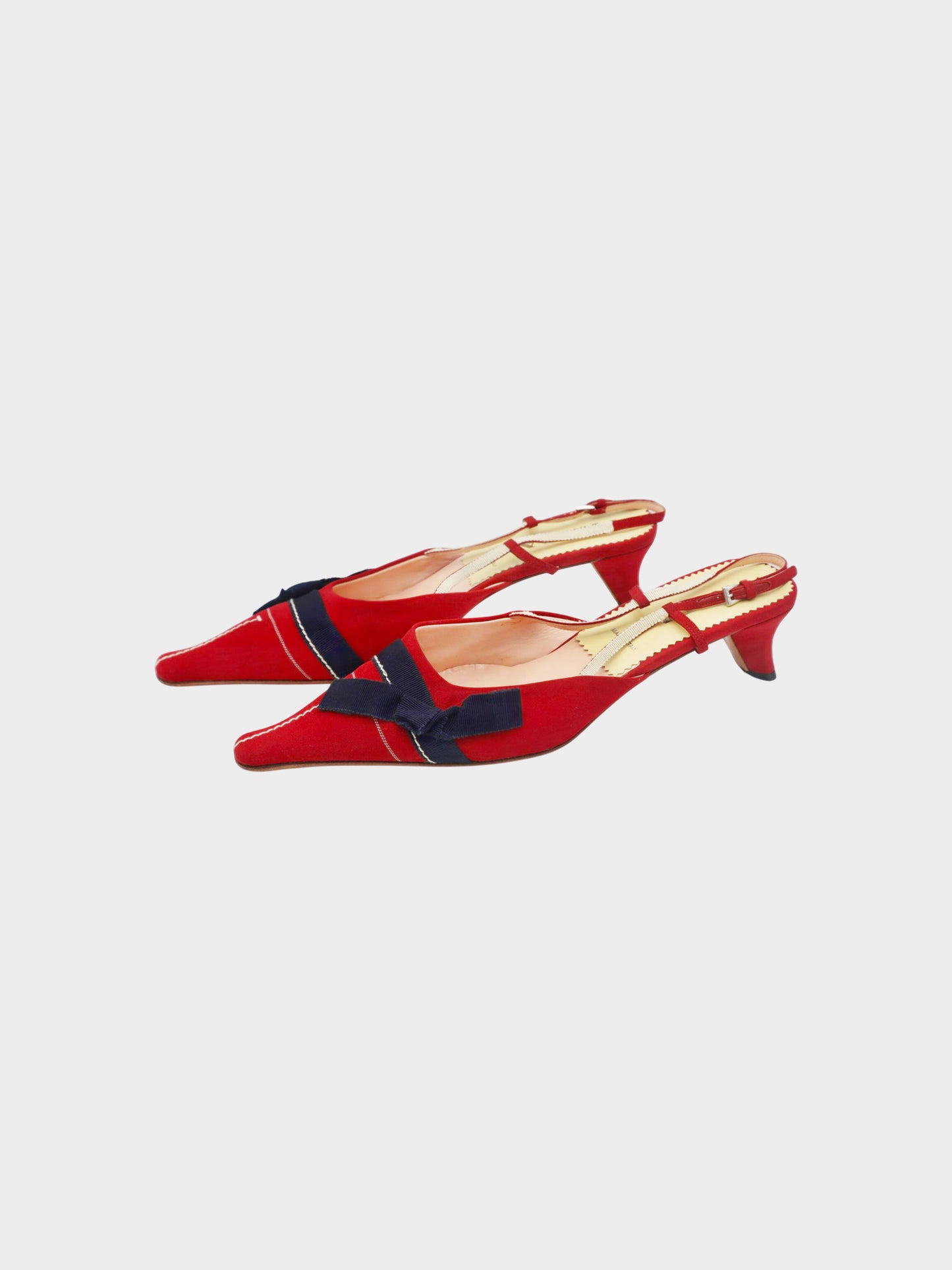 Prada 2000s Red Crepe and Navy Grosgrain Bow Slingback Pumps