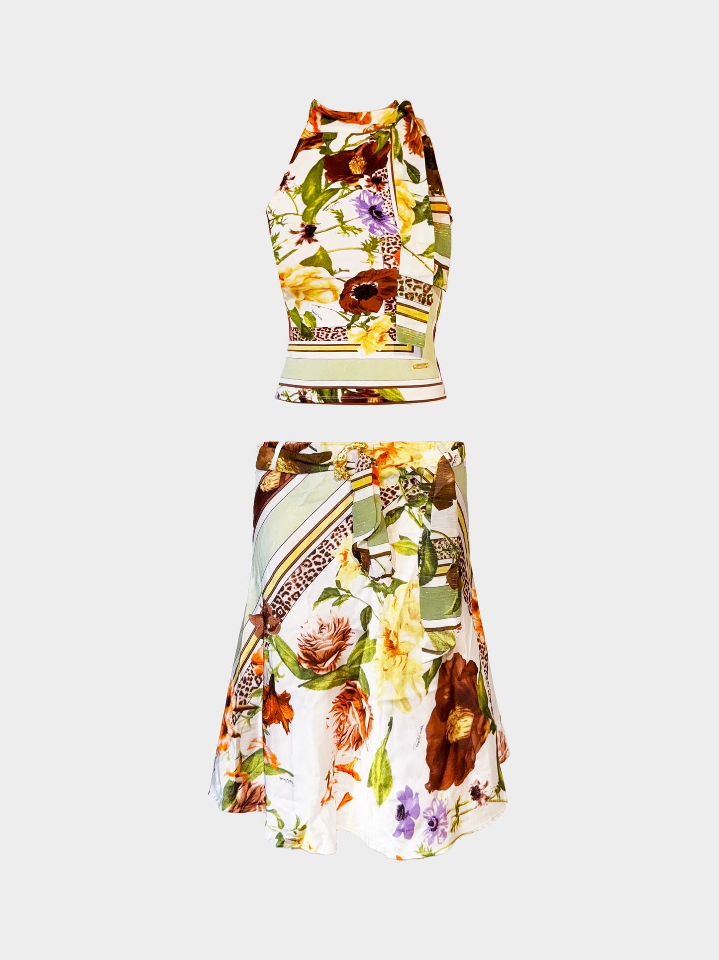 Roberto Cavalli 2000s Floral and Leopard Print Top and Skirt Set