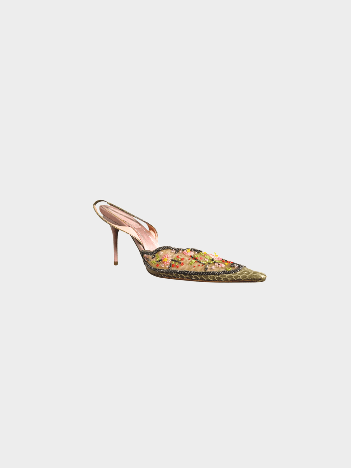 René Caovilla 2000s Floral Print Beaded Accents Slingback Pumps