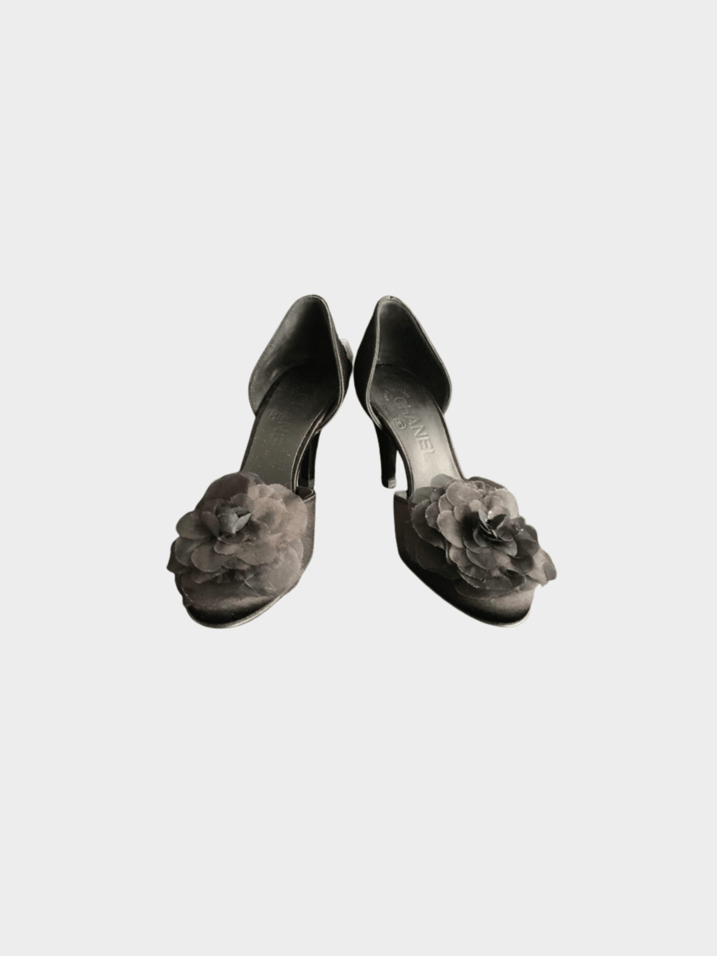 Chanel 2000s Black Satin Flower Bow CC Pumps
