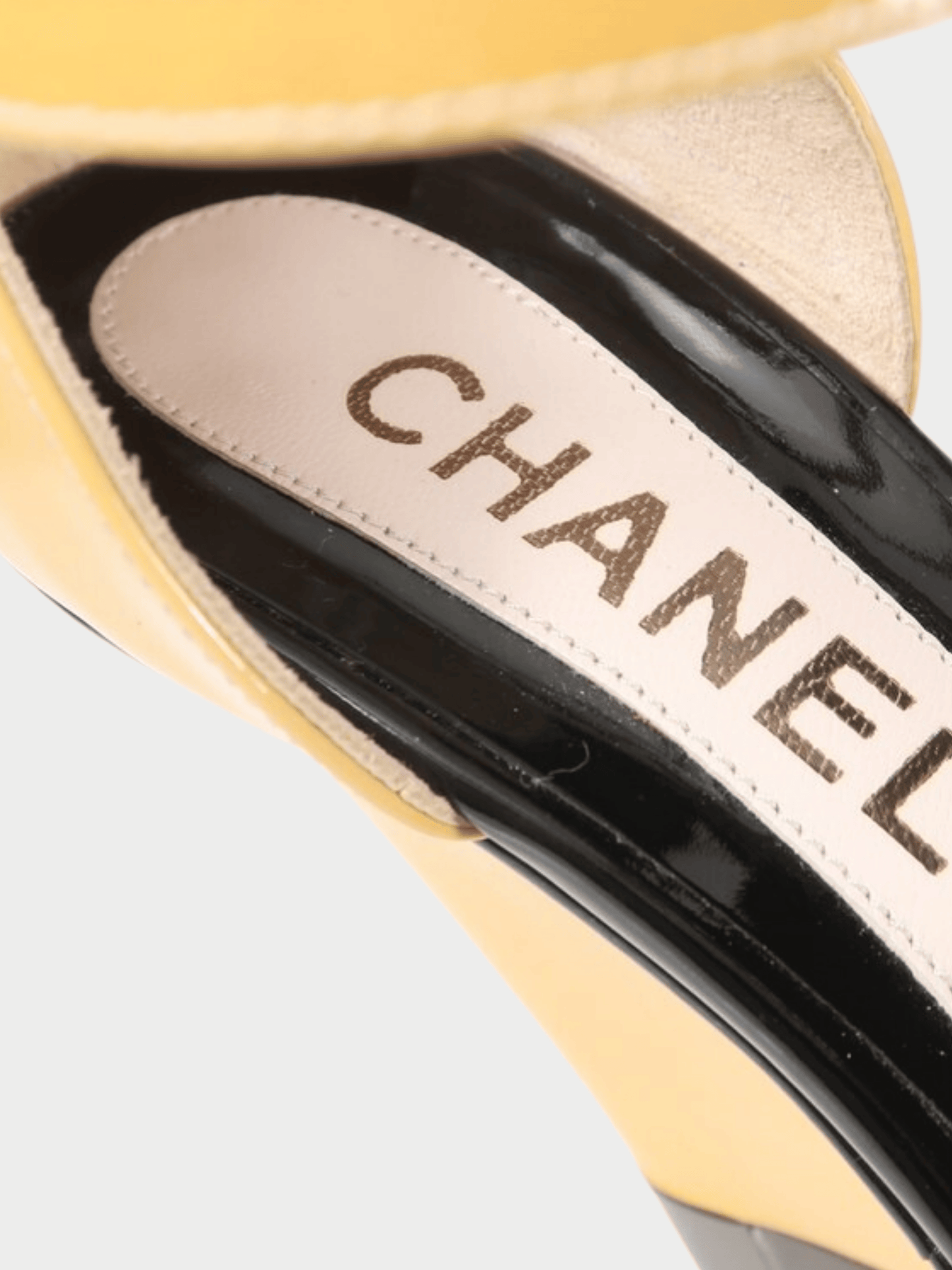 Chanel 2000s Black and Beige Patent Leather Platform Wedges