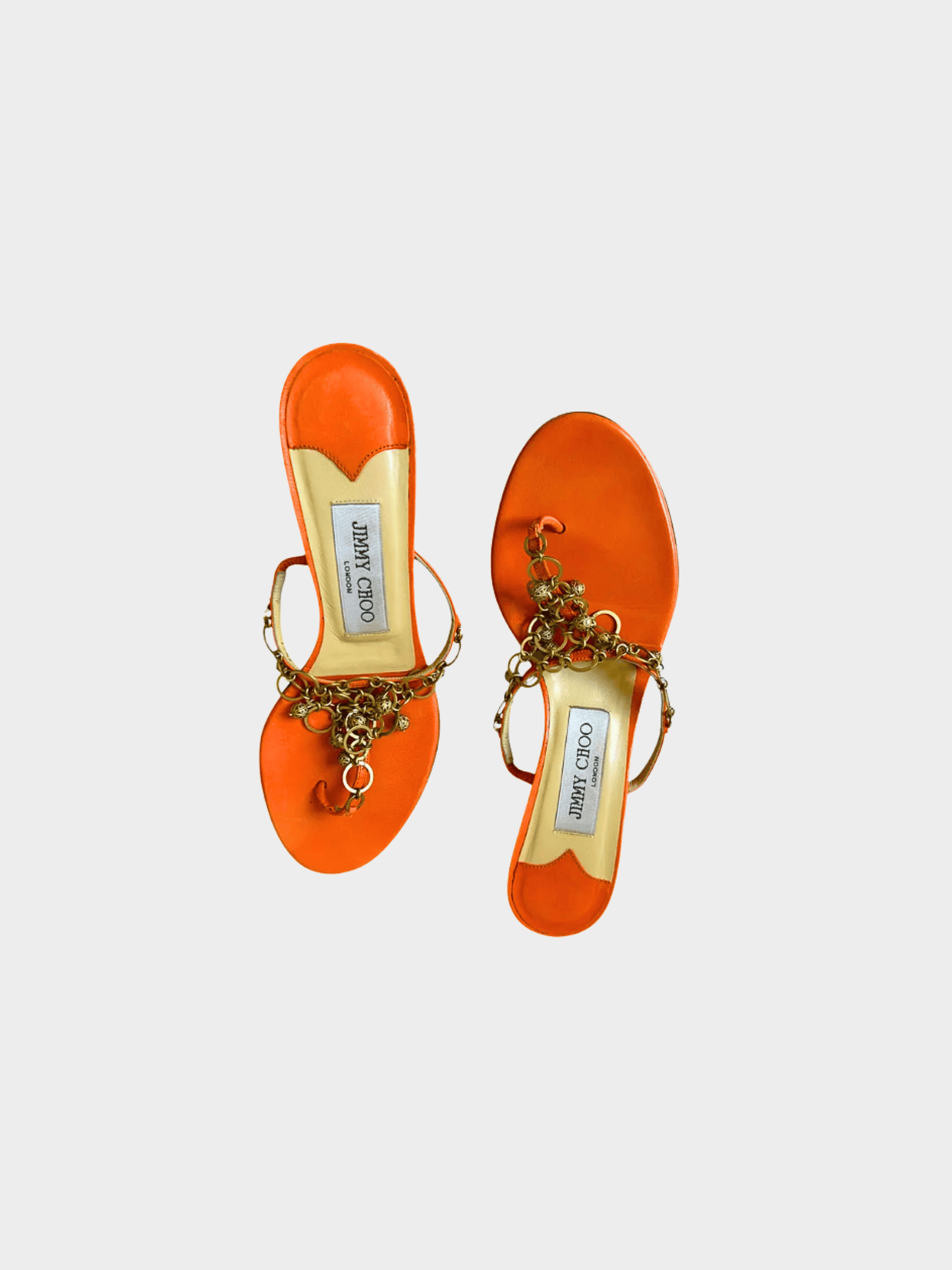 Jimmy Choo 2000s Orange Leather Embellished Kitten Heel Sandals
