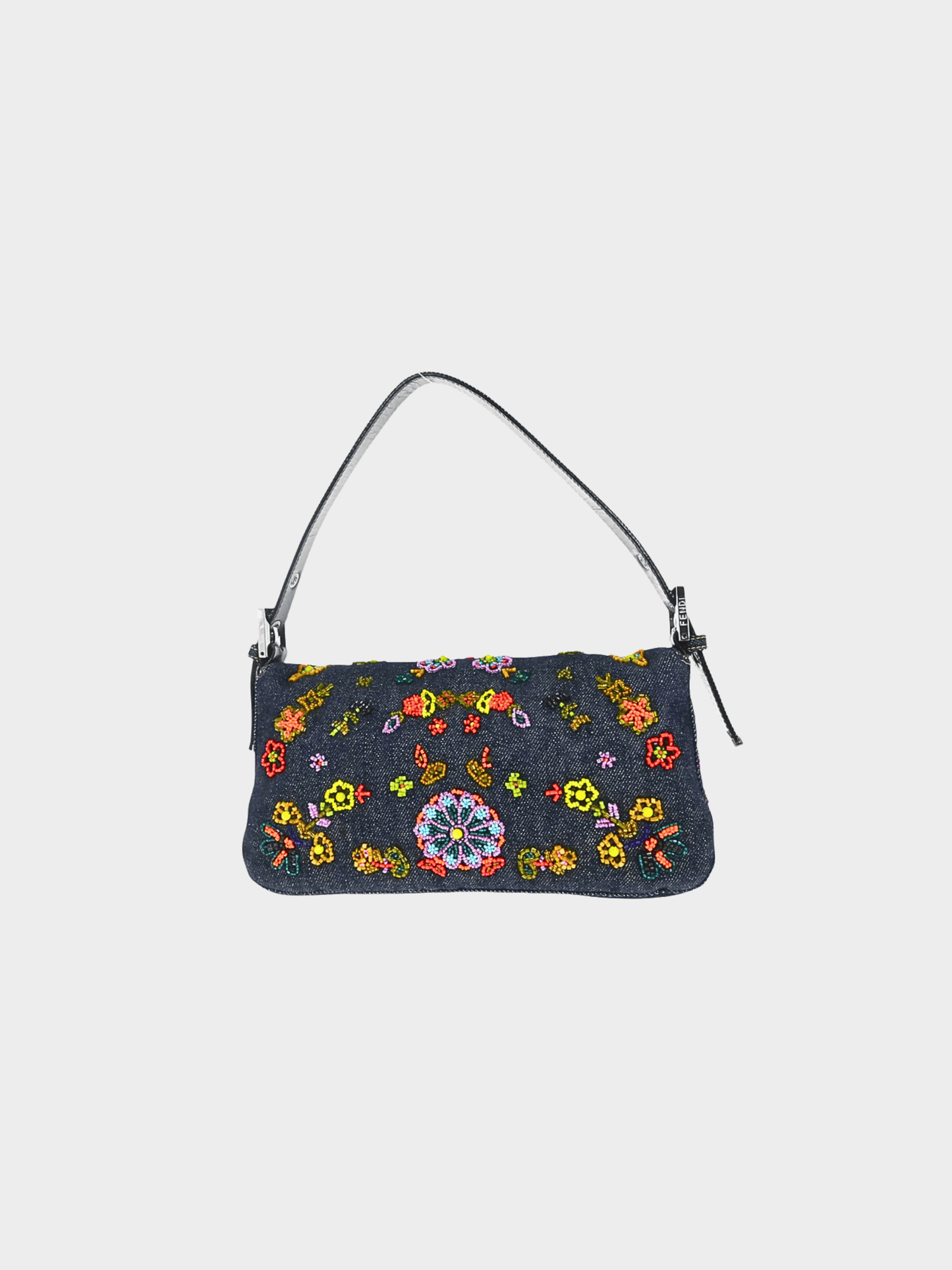Fendi 2000s Rare Floral Beaded Denim Baguette