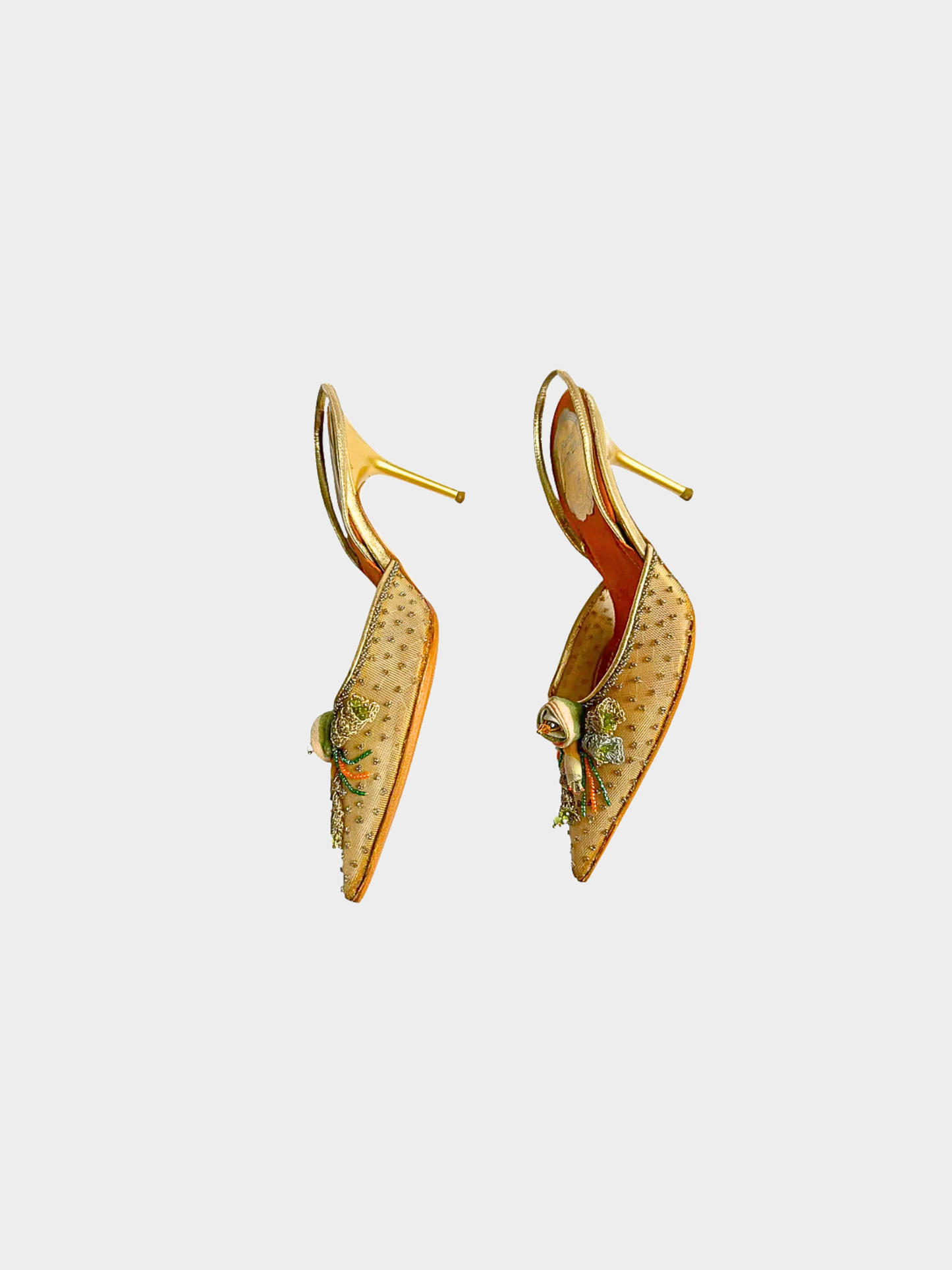 René Caovilla 2000s Beige Floral Beaded Slingback Heels