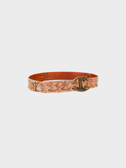 Roberto Cavalli 2000s Brown Snakeskin Logo Buckle Belt