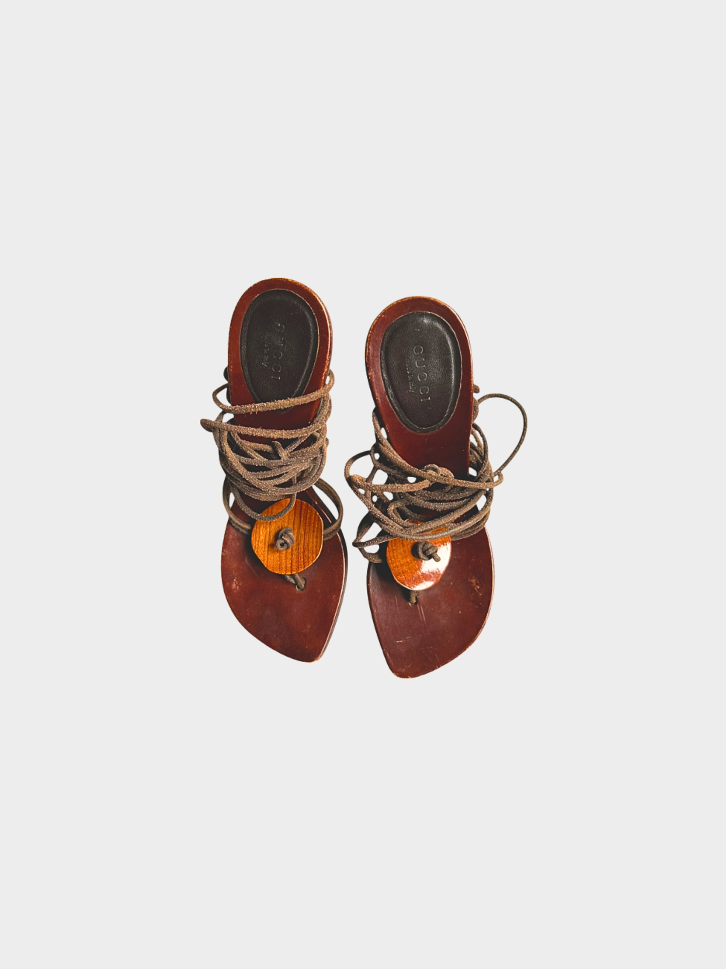 Gucci 2000s Brown Wood Tone Wrap Around Sandals