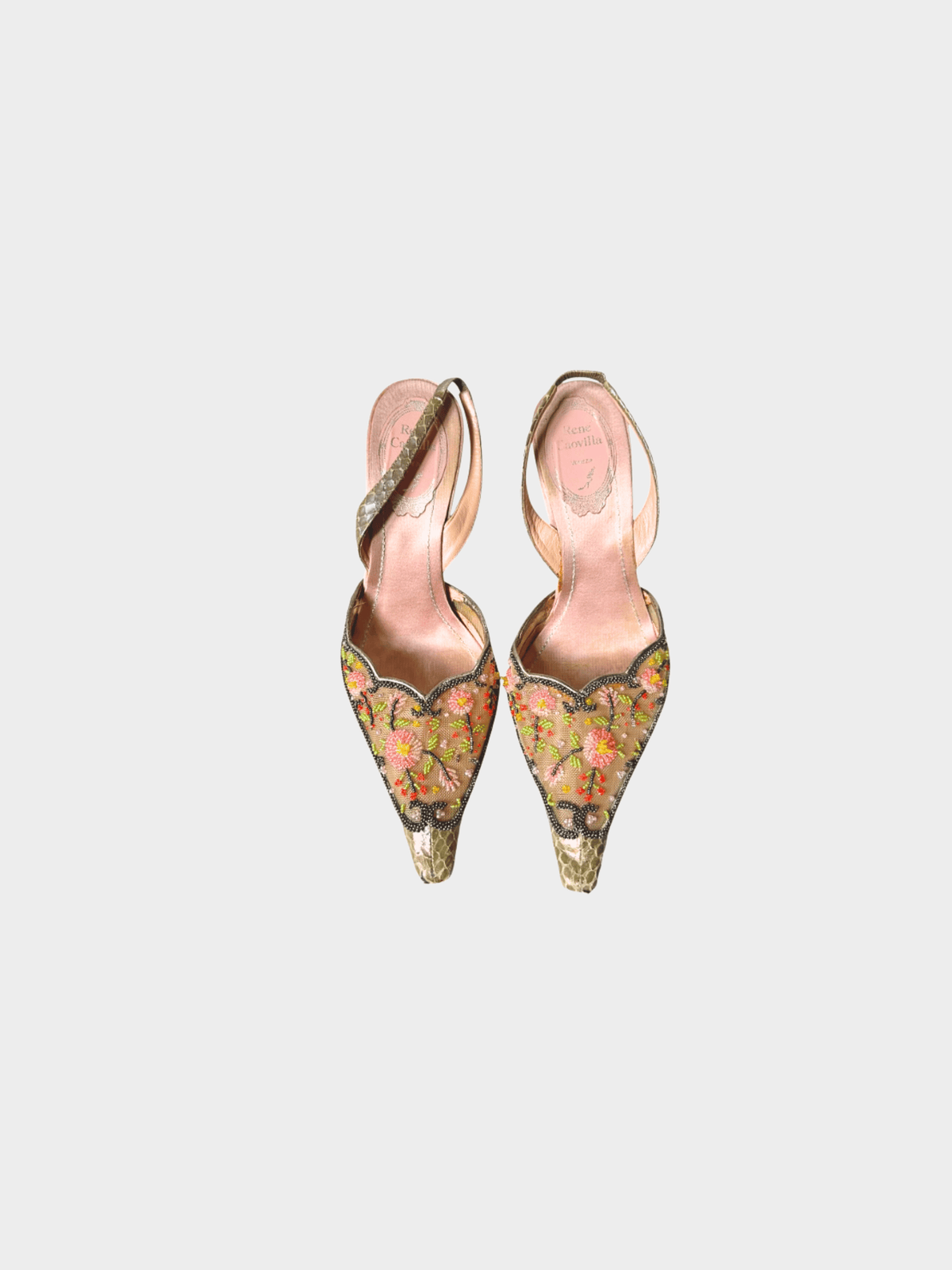 René Caovilla 2000s Floral Print Beaded Accents Slingback Pumps