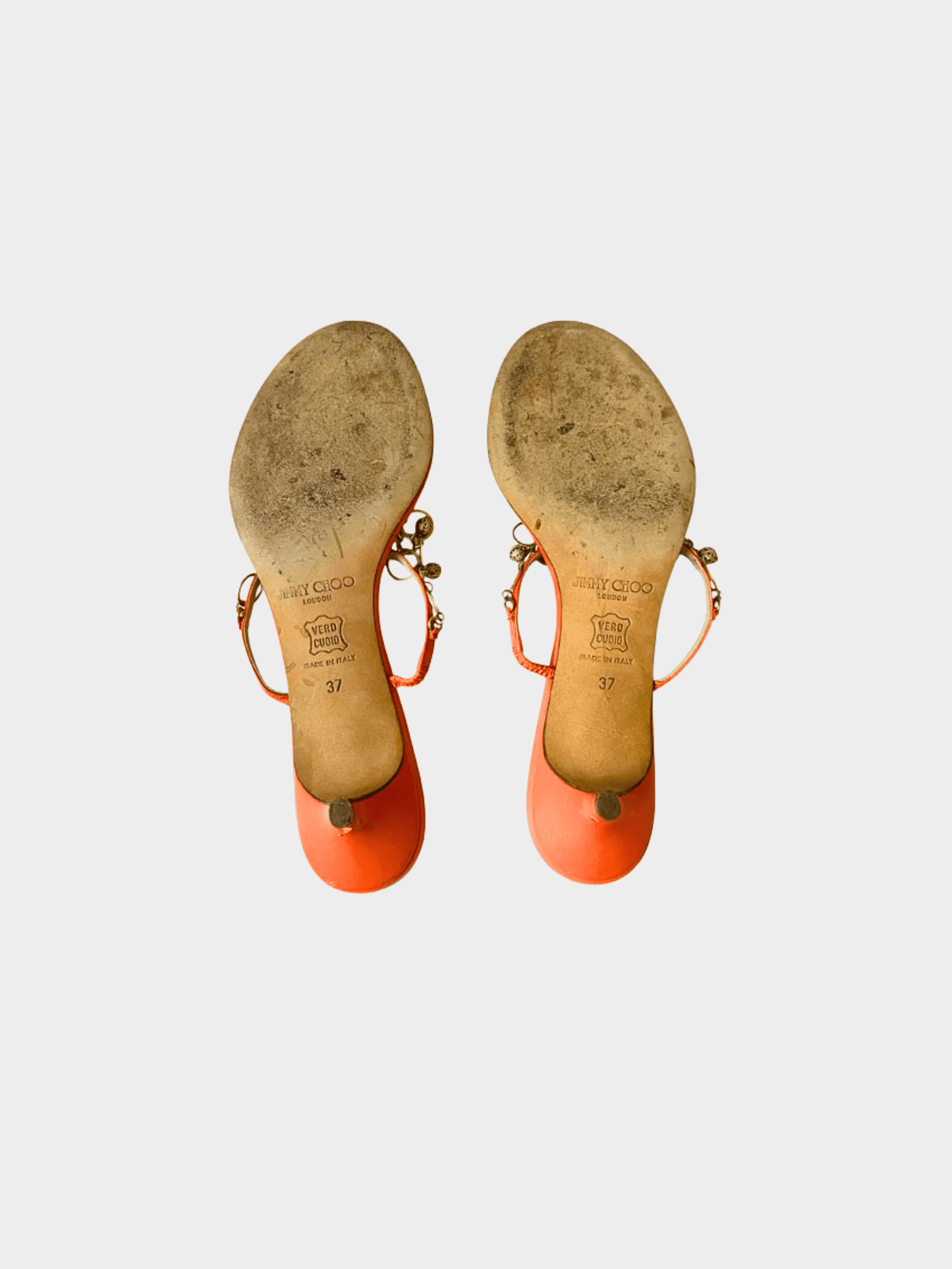 Jimmy Choo 2000s Orange Leather Embellished Kitten Heel Sandals