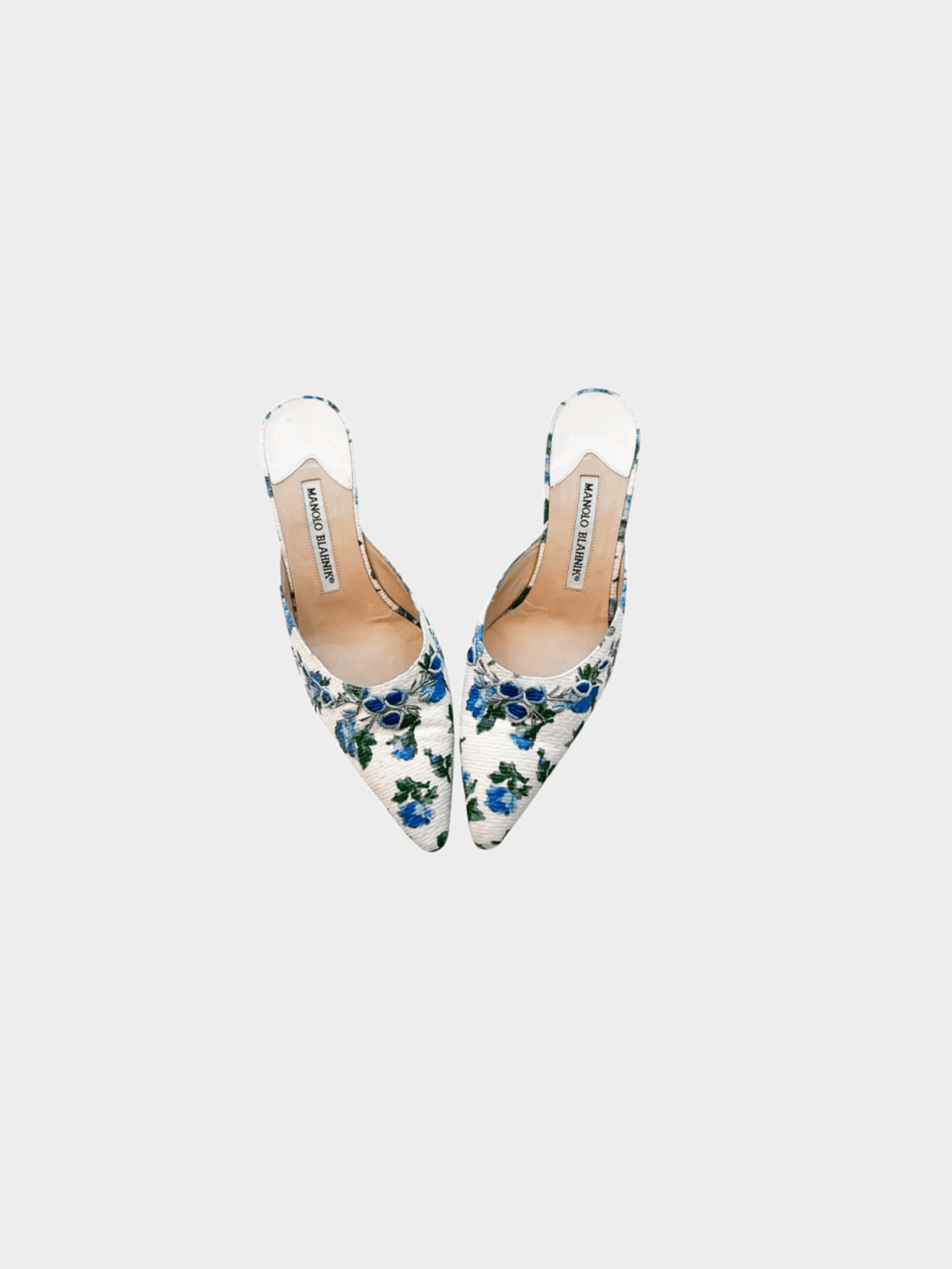 Manolo Blahnik 2000s Blue Floral Mule Heels