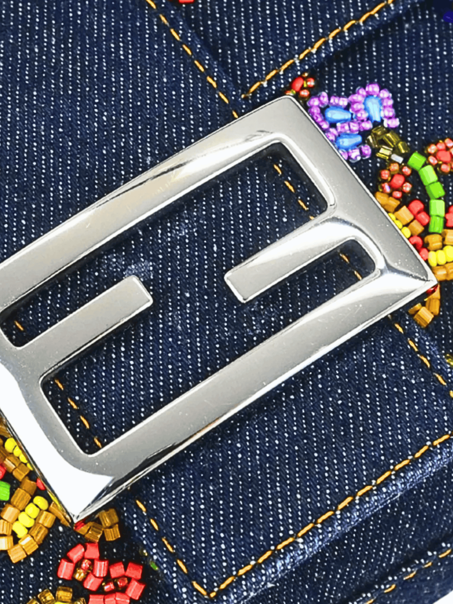 Fendi 2000s Rare Floral Beaded Denim Baguette