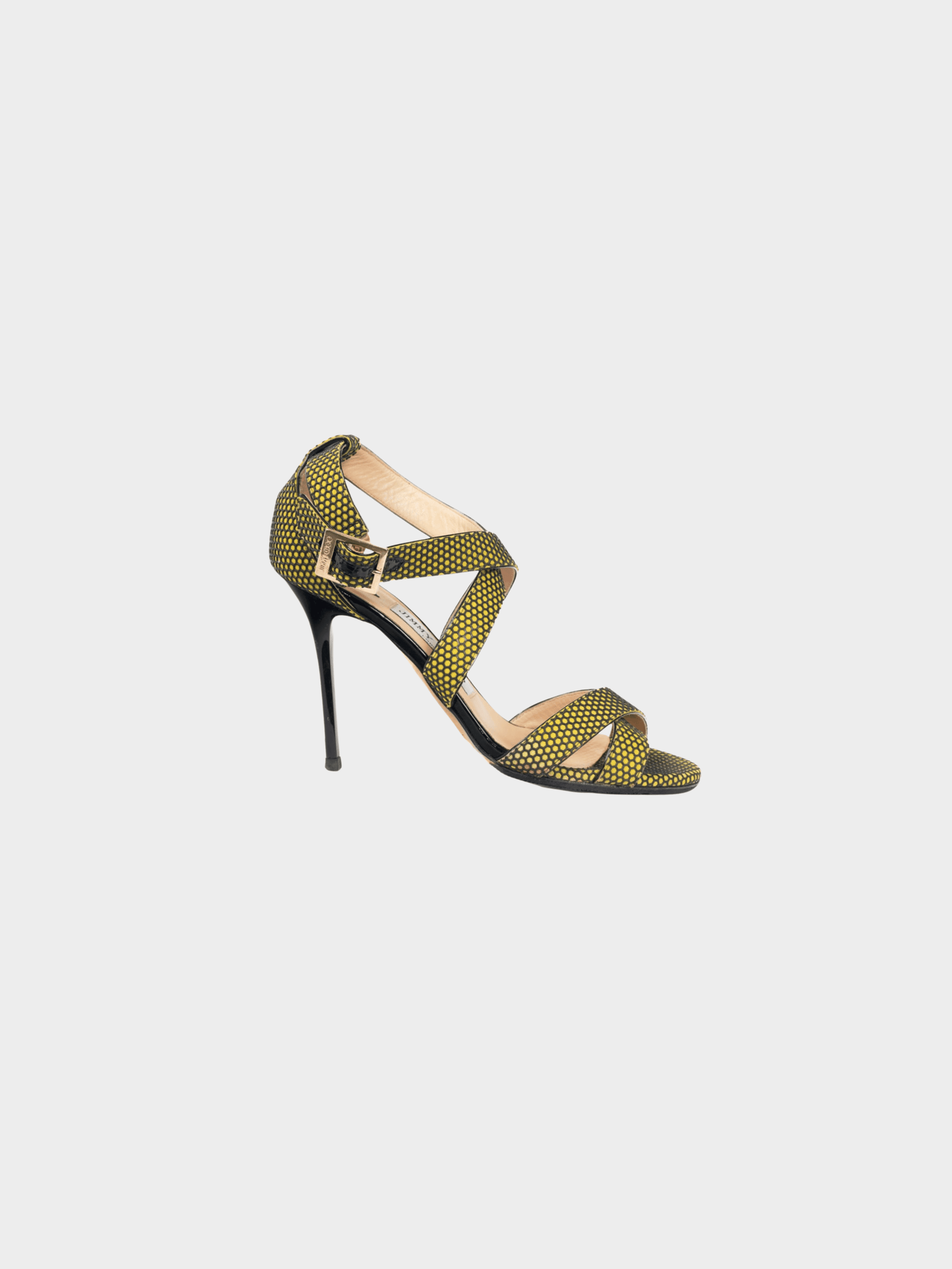 Jimmy Choo 2010s Lottie Acid Yellow Honeycomb Suede Strappy Sandals