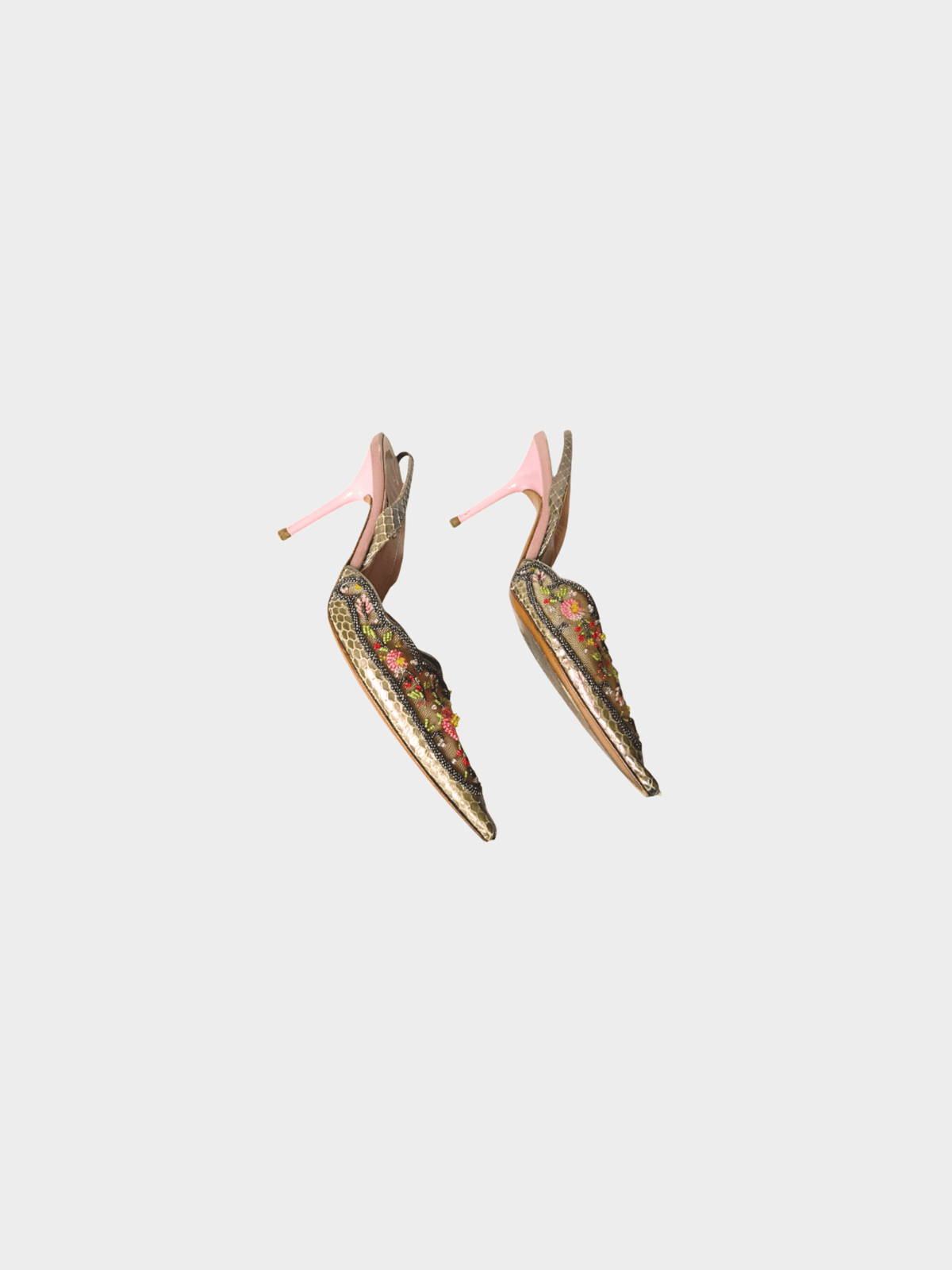René Caovilla 2000s Floral Print Beaded Accents Slingback Pumps