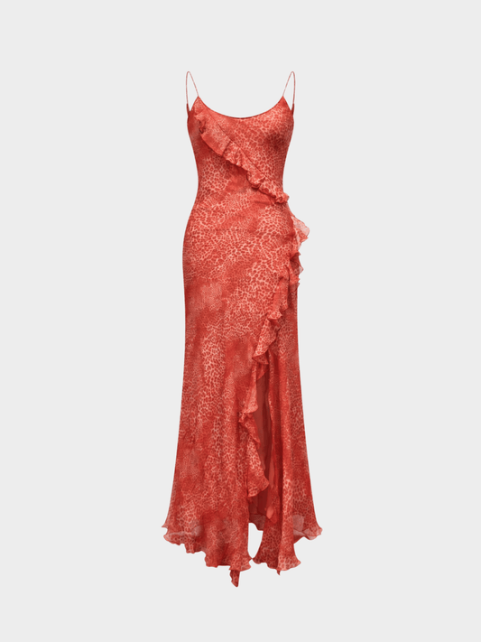 Blumarine 2000s Red Leopard Print Ruffled Silk Dress