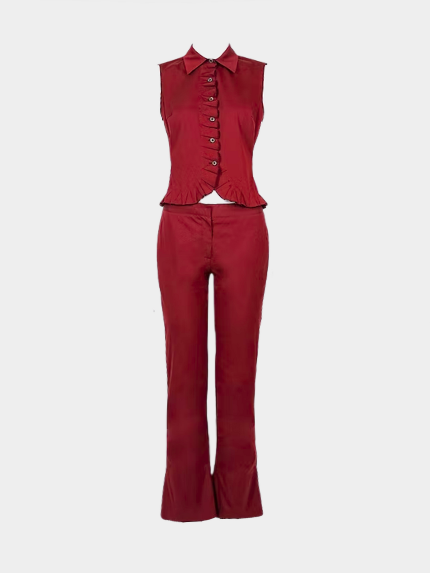 Prada SS 2000 Red Collared Button UP Top and Flared Bottoms Set