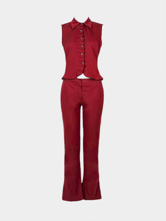 Prada SS 2000 Red Collared Button UP Top and Flared Bottoms Set