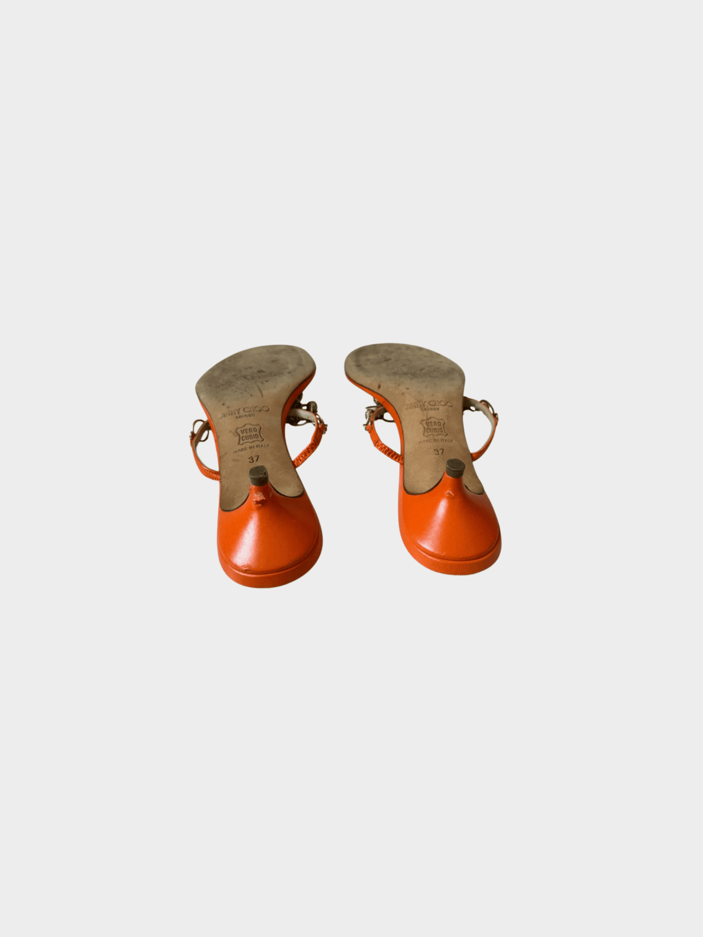 Jimmy Choo 2000s Orange Leather Embellished Kitten Heel Sandals