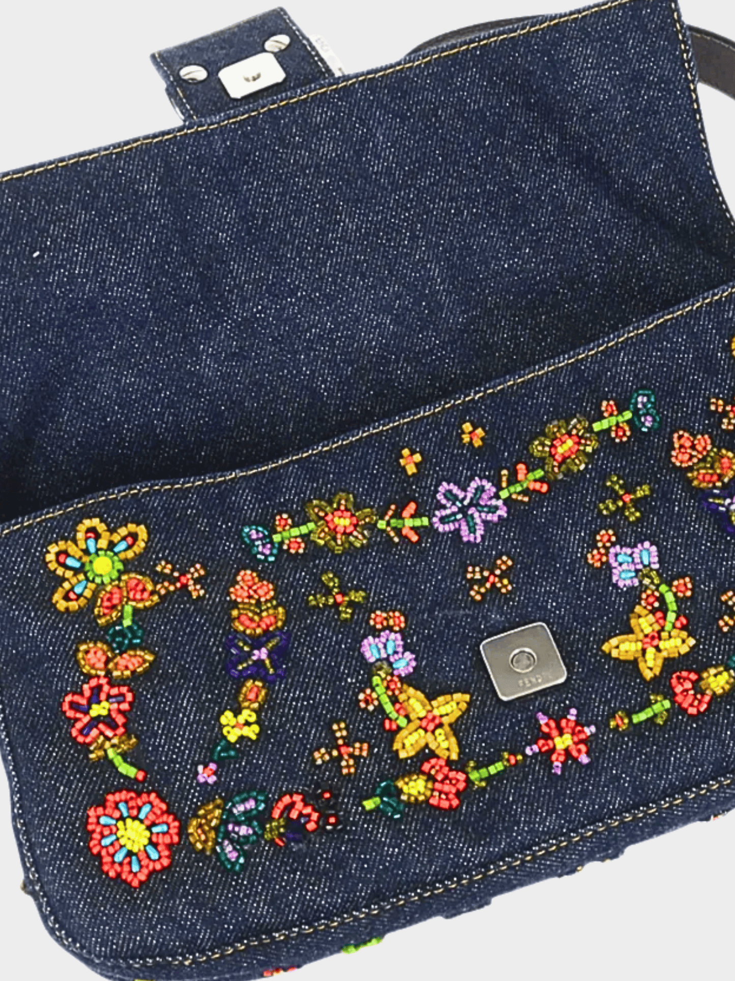 Fendi 2000s Rare Floral Beaded Denim Baguette