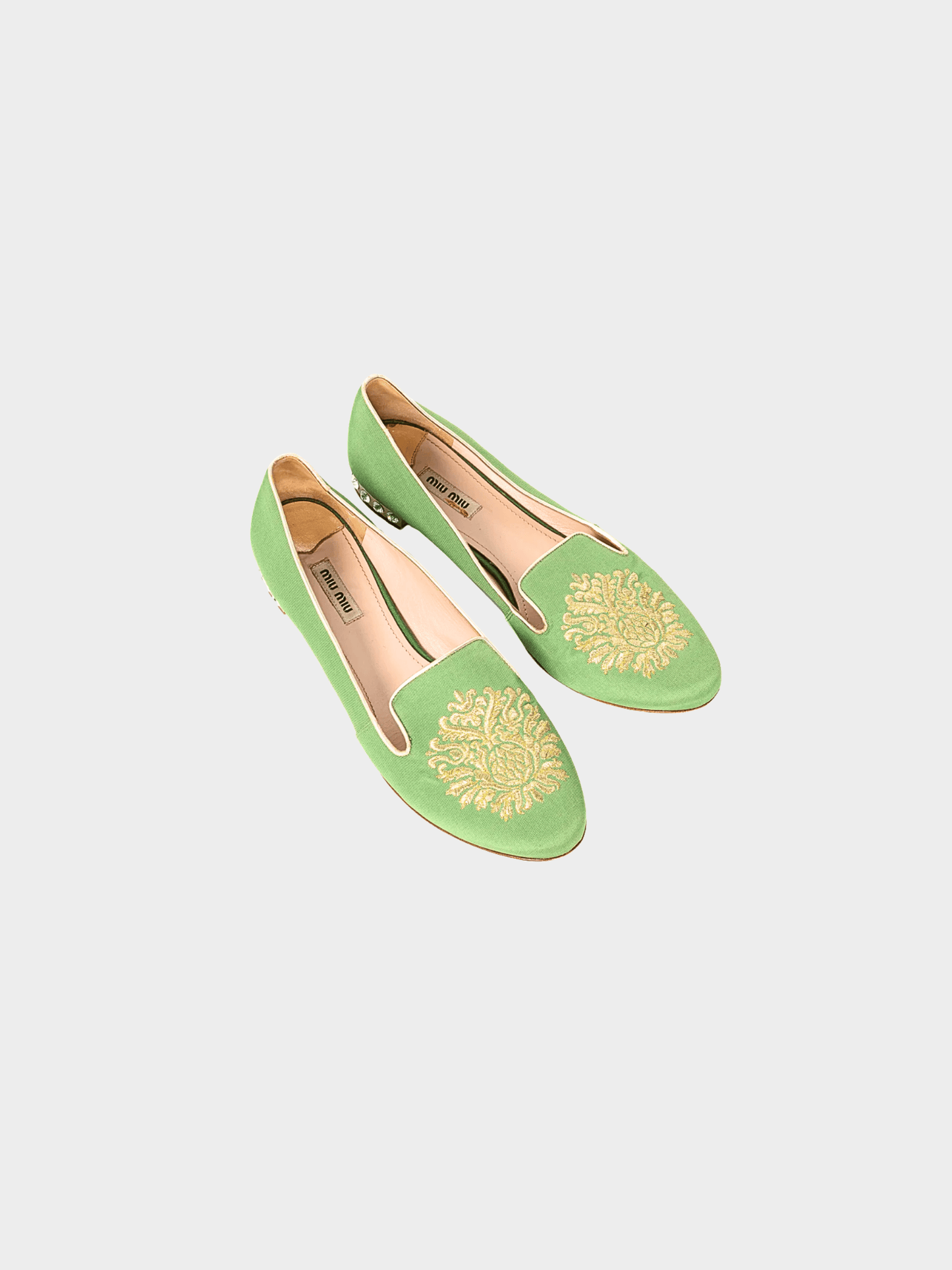 Miu Miu Pre-Fall 2012 Green Embroidered Crystal-Heel Loafers
