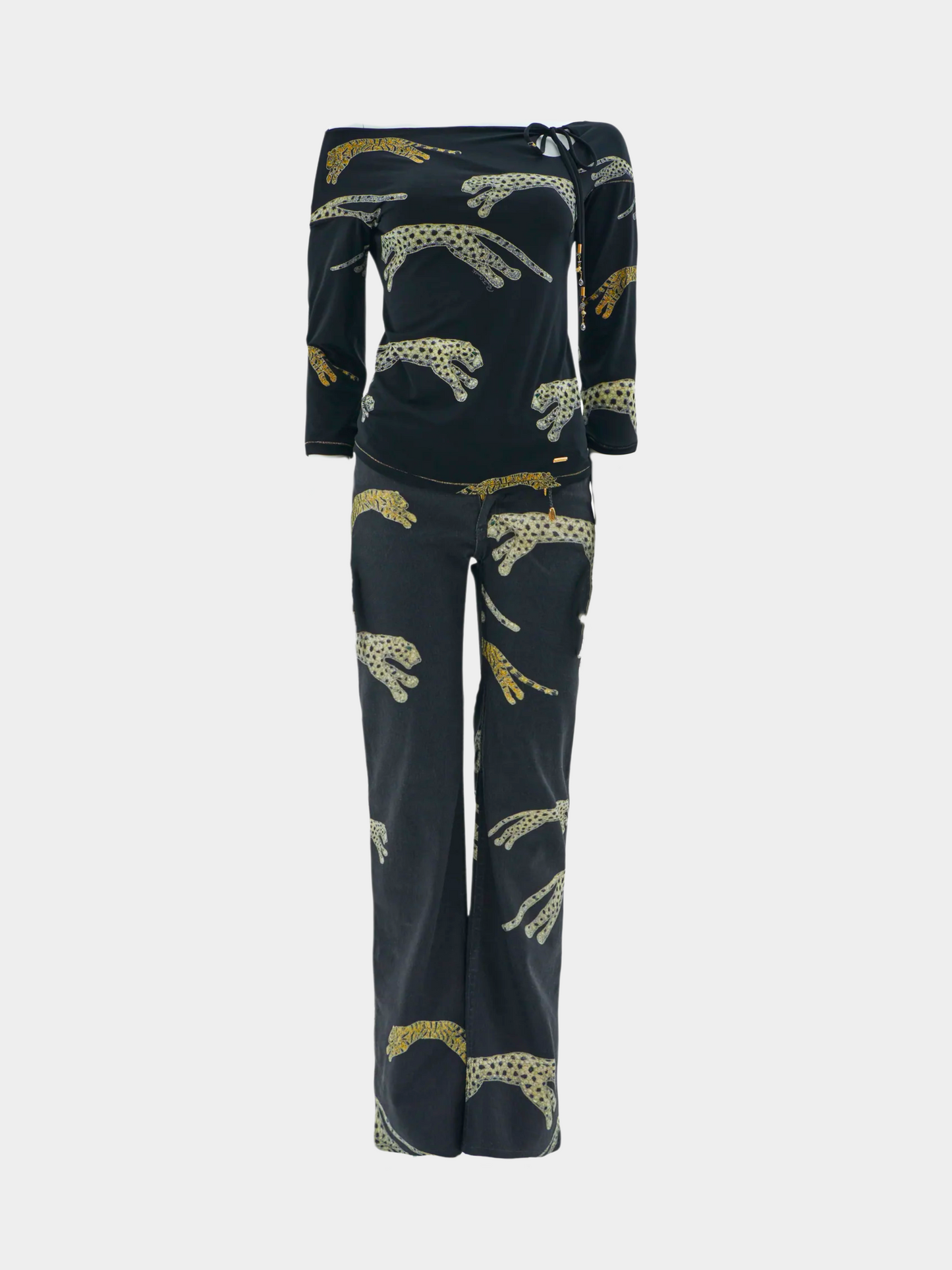 Roberto Cavalli FW 2002 Black leopards and tigers print pants set