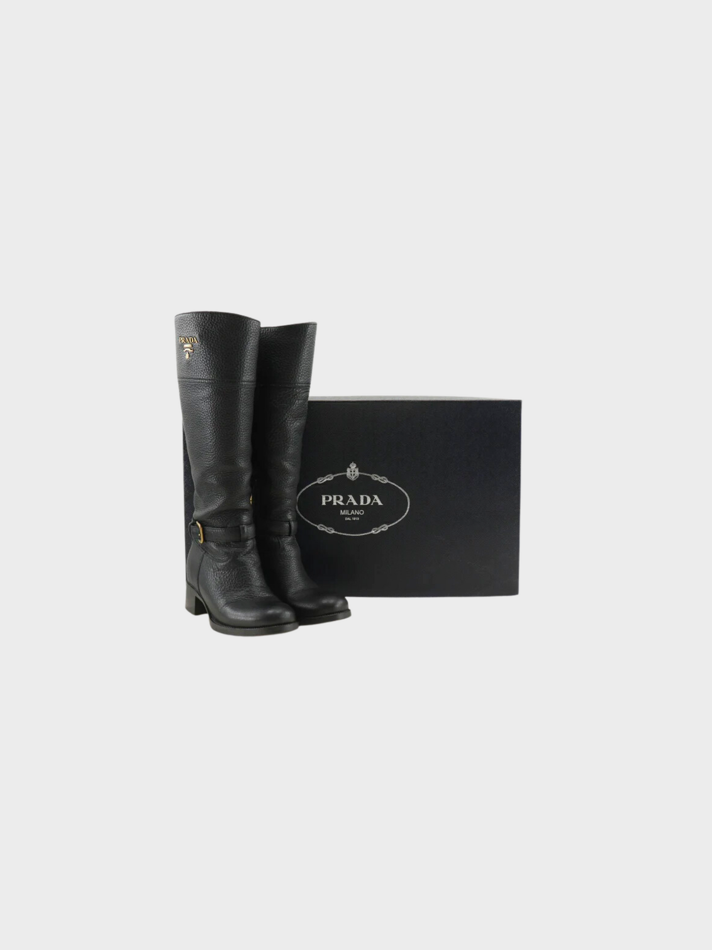 Prada 2010s Black Leather Buckle Logo High Boots