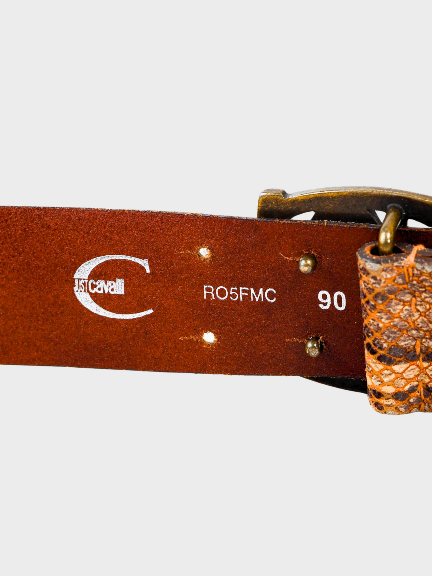Roberto Cavalli 2000s Brown Snakeskin Logo Buckle Belt