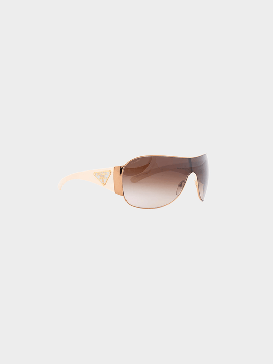 Prada 2010s SPR 57L Rose-Gold and Cream Logo-Temple Shield Sunglasses