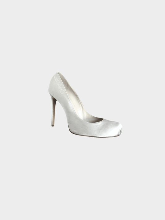 Chanel 2000s White Ballet Satin Metallic Heels