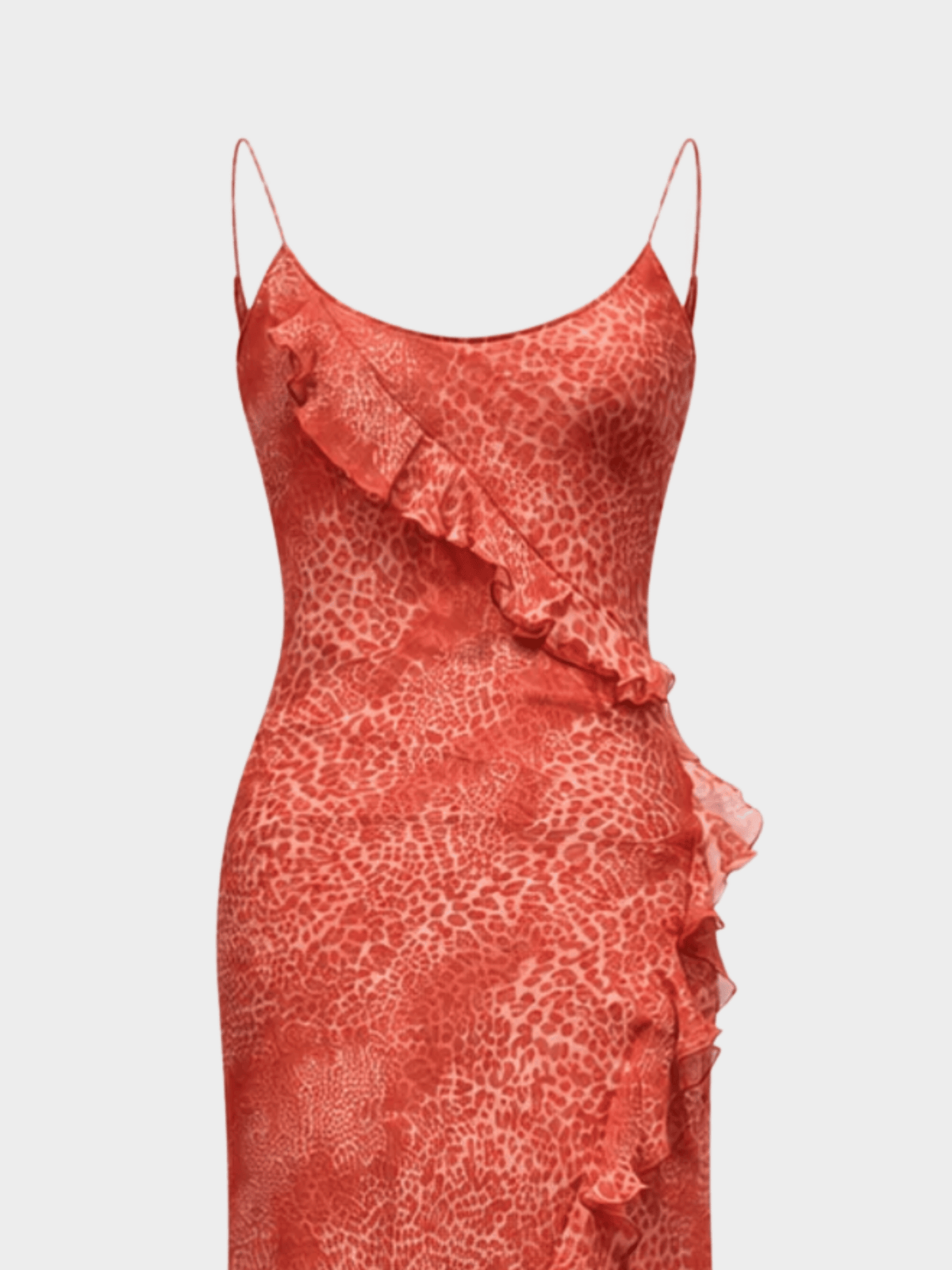 Blumarine 2000s Red Leopard Print Ruffled Silk Dress