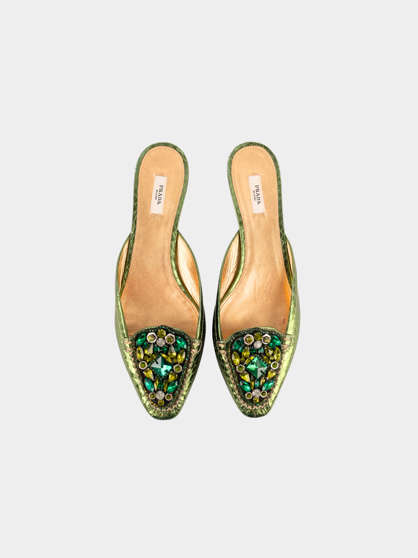 Prada 2000s Green Python Rhinestone Mules