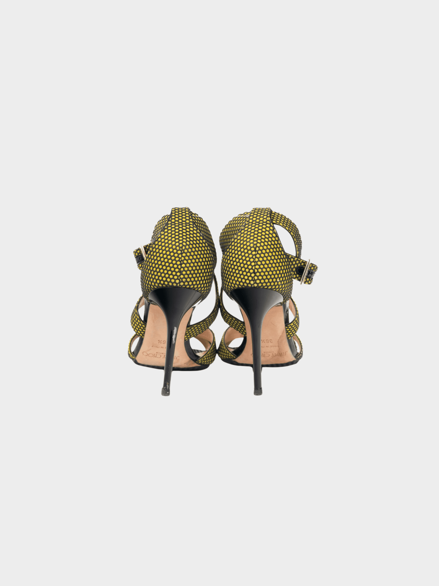 Jimmy Choo 2010s Lottie Acid Yellow Honeycomb Suede Strappy Sandals
