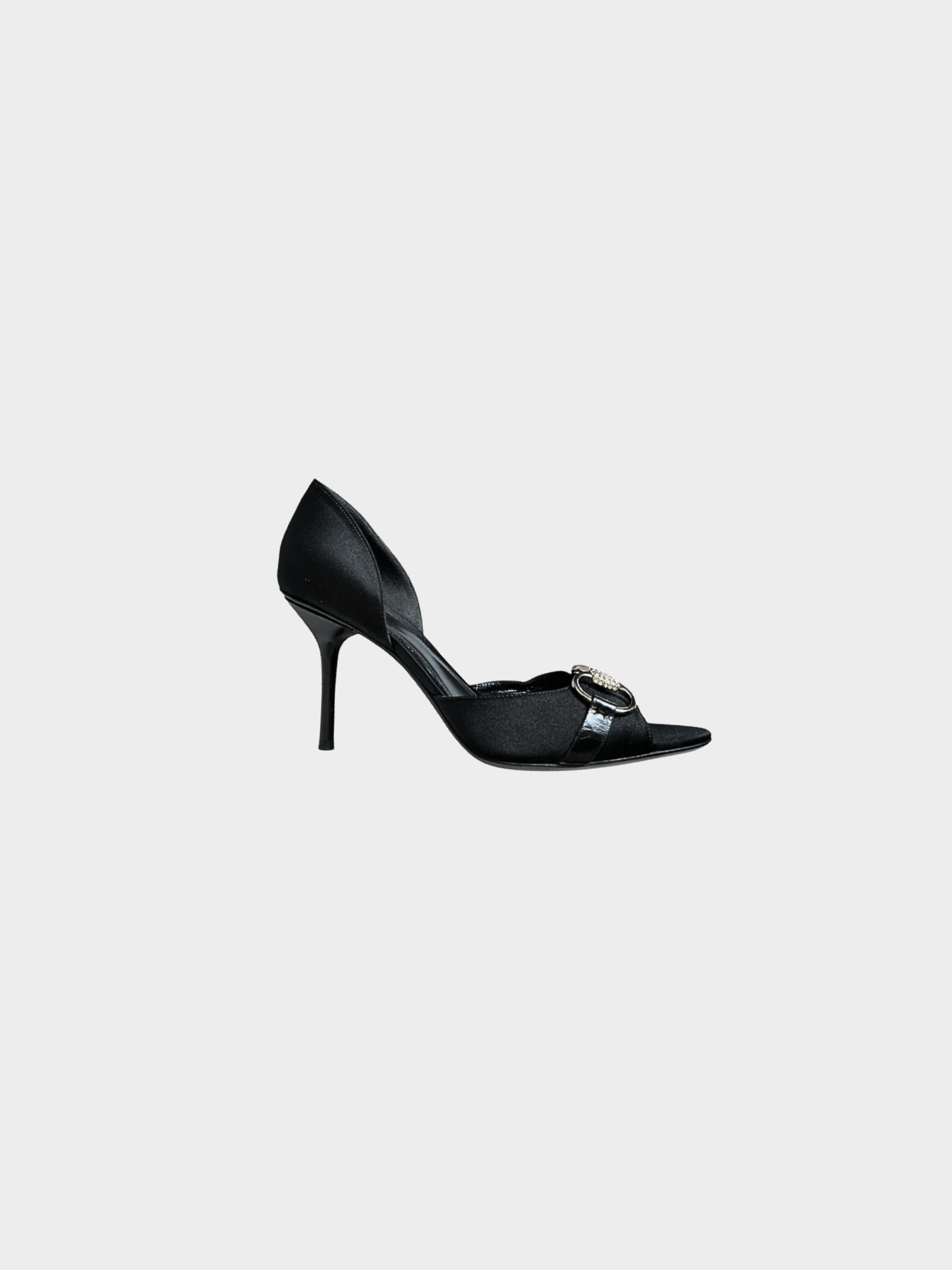 Gucci 2000s Black Satin Silver Crystal Buckle D’Orsay Heels