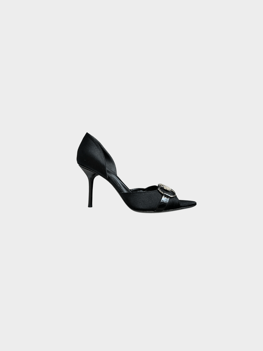 Gucci 2000s Black Satin Silver Crystal Buckle D’Orsay Heels