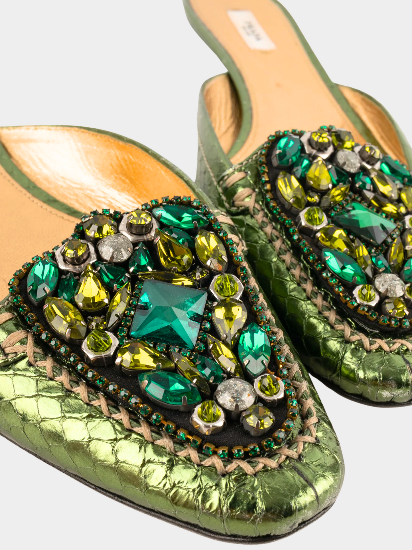 Prada 2000s Green Python Rhinestone Mules