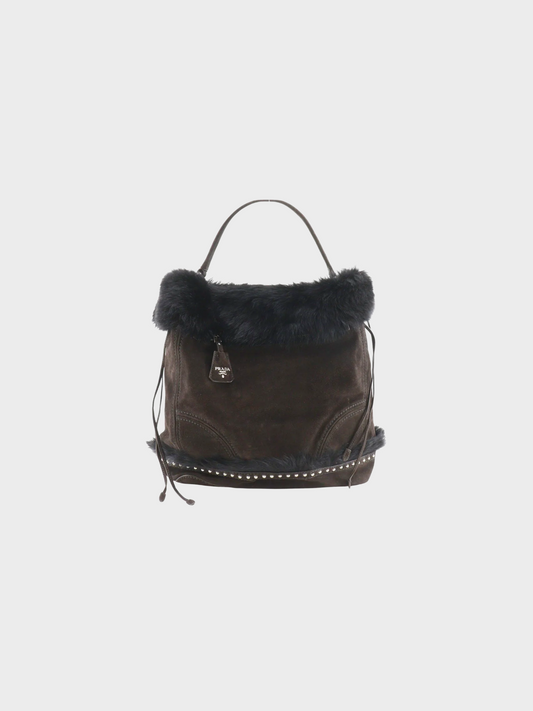Prada 2000s Brown Suede Faux Fur Shoulder Bag