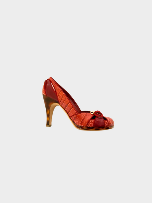 Christian Dior 2000s Red Snakeskin Ribbon Pumps