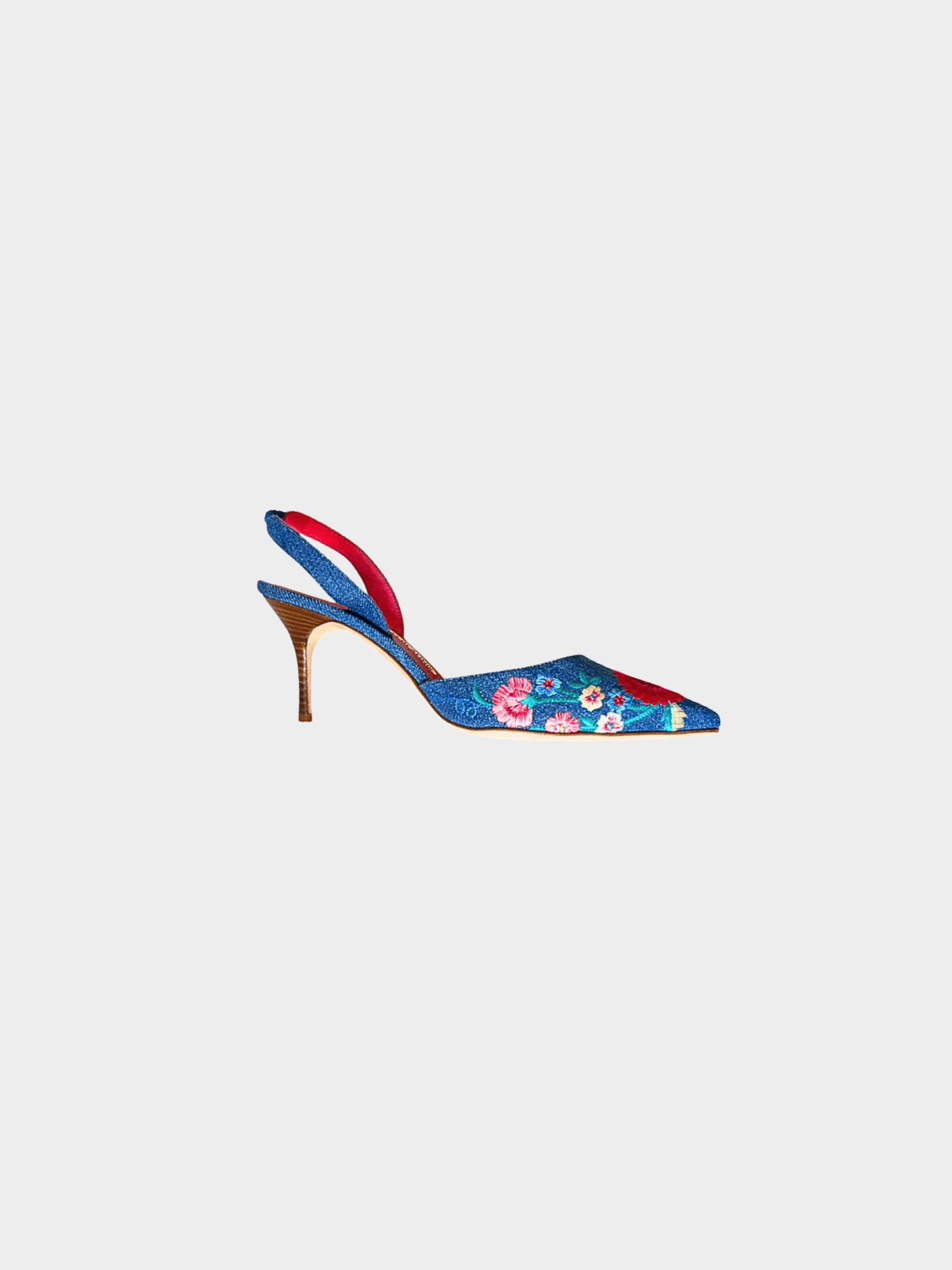 Manolo Blahnik 2000s Denim Floral Print Slingback Pumps