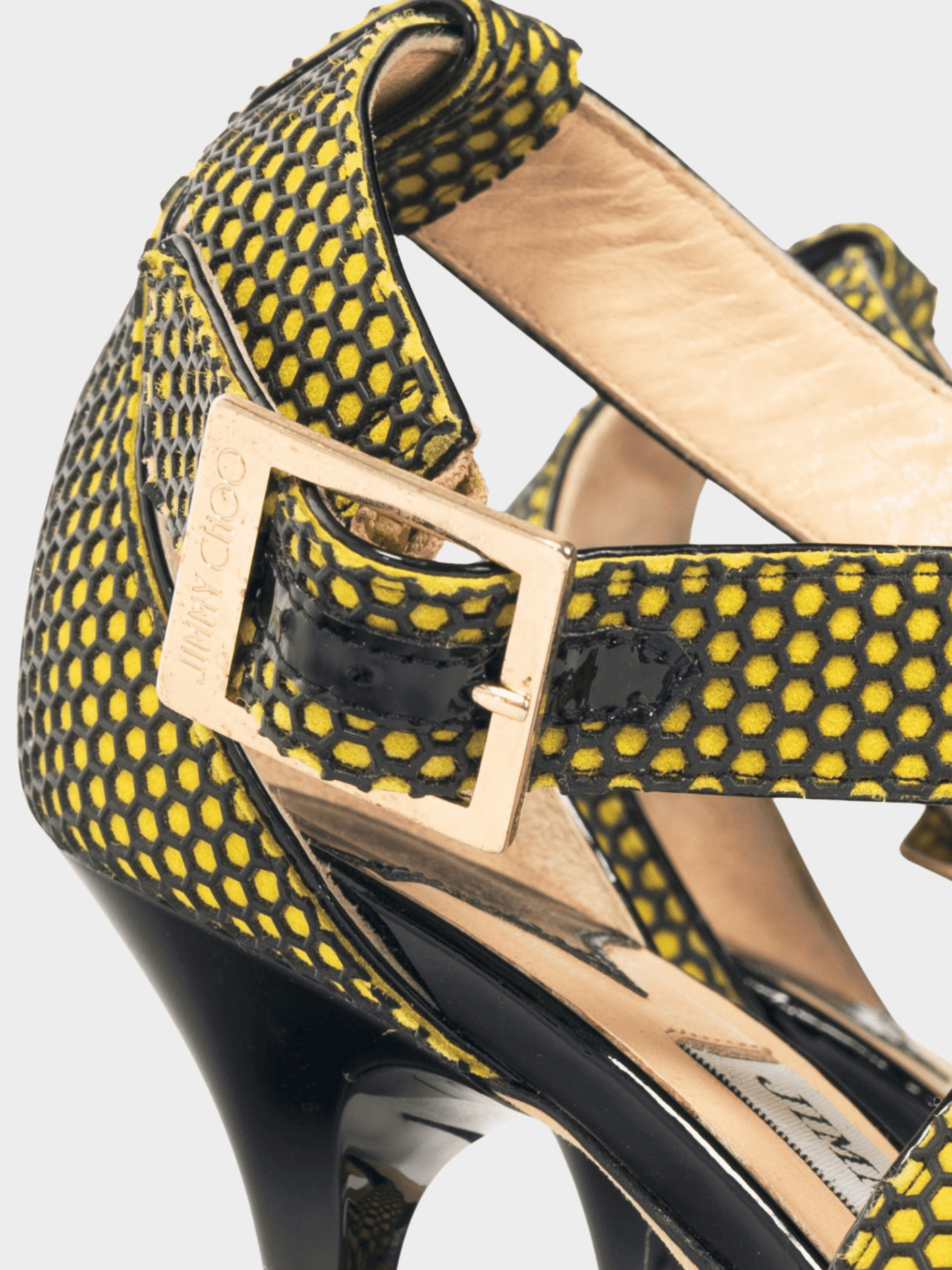 Jimmy Choo 2010s Lottie Acid Yellow Honeycomb Suede Strappy Sandals