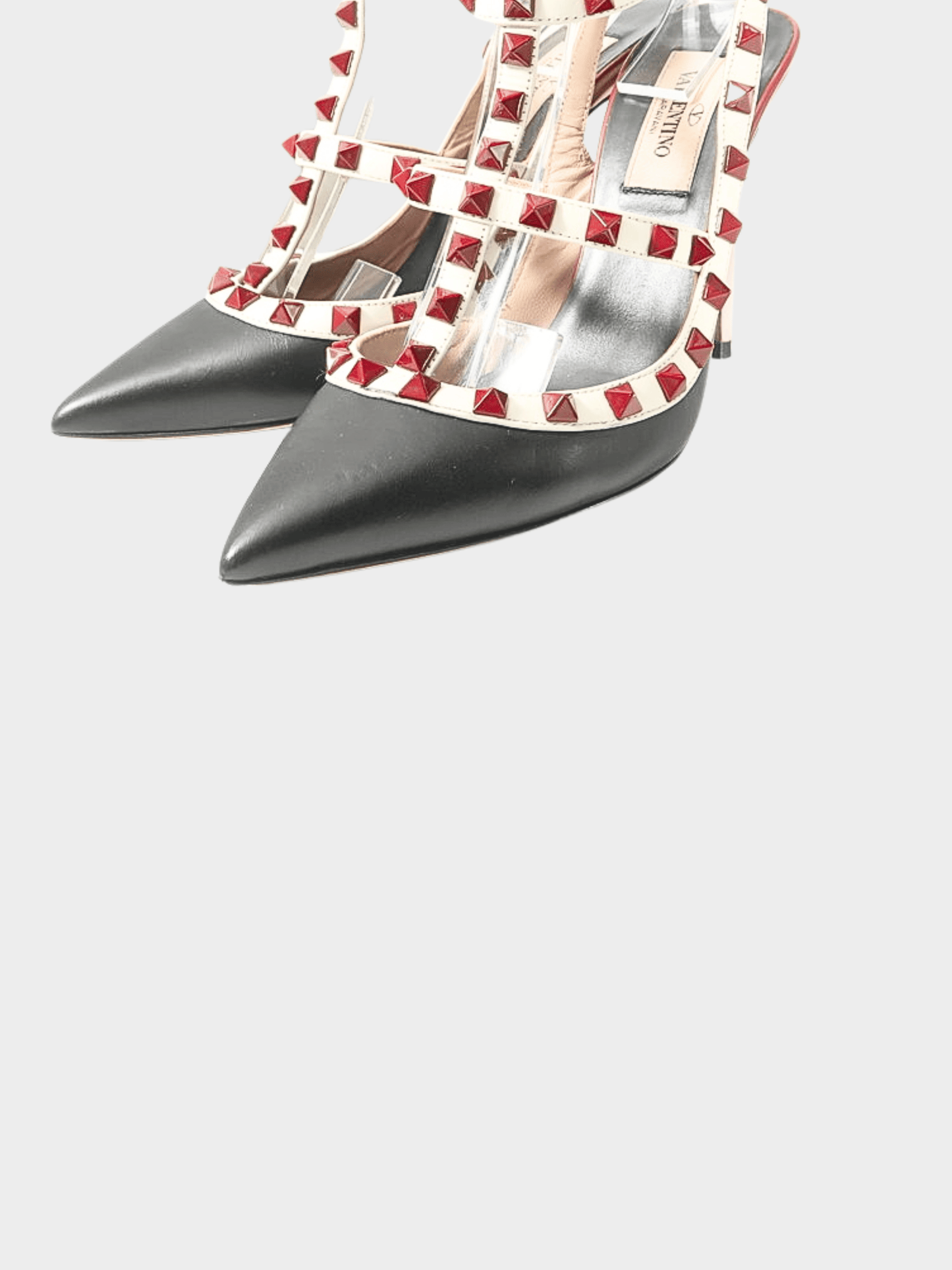 Valentino 2000s Black and Off White Leather Rockstud Ankle Strap Pumps