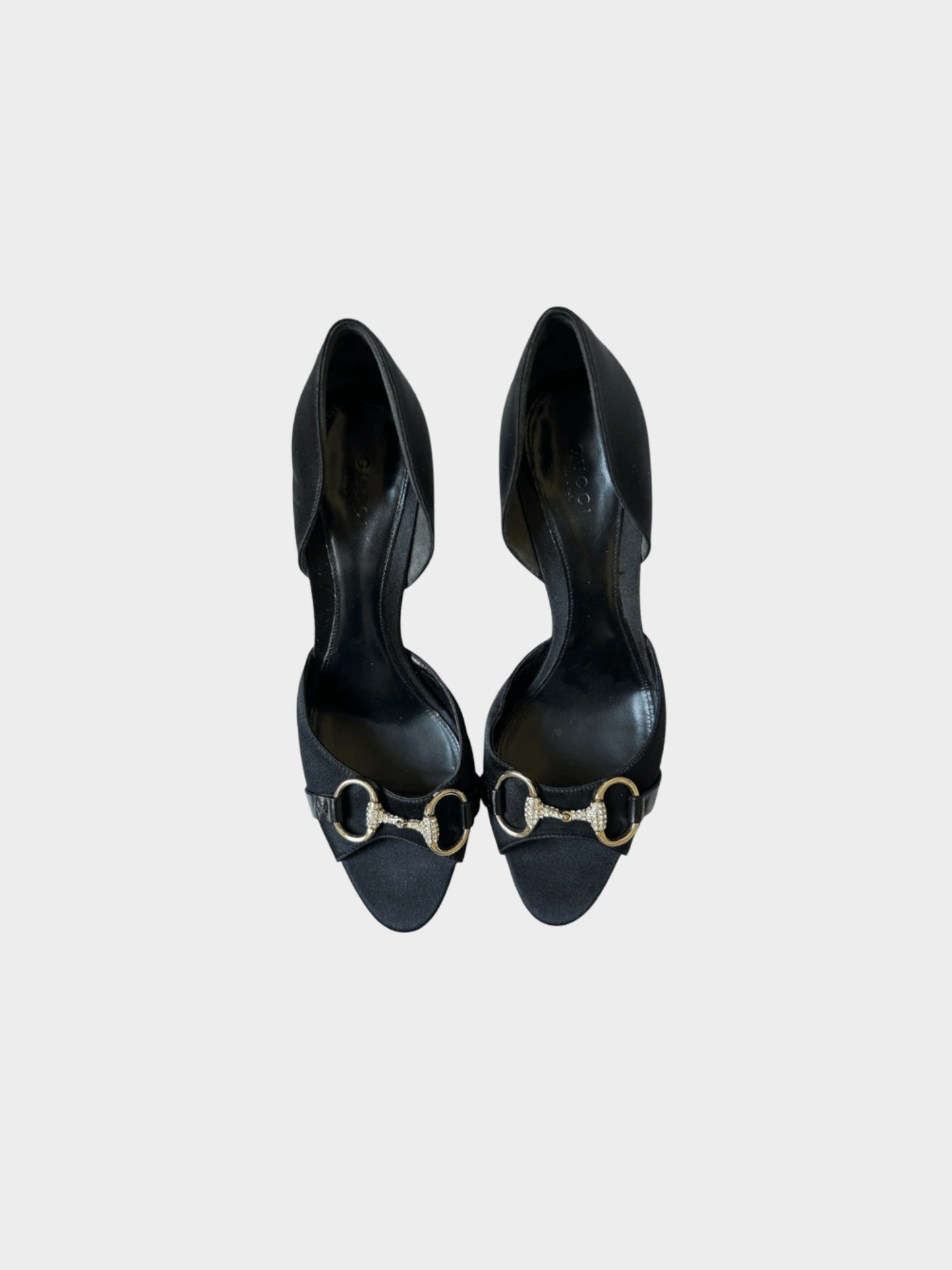 Gucci 2000s Black Satin Silver Crystal Buckle D’Orsay Heels