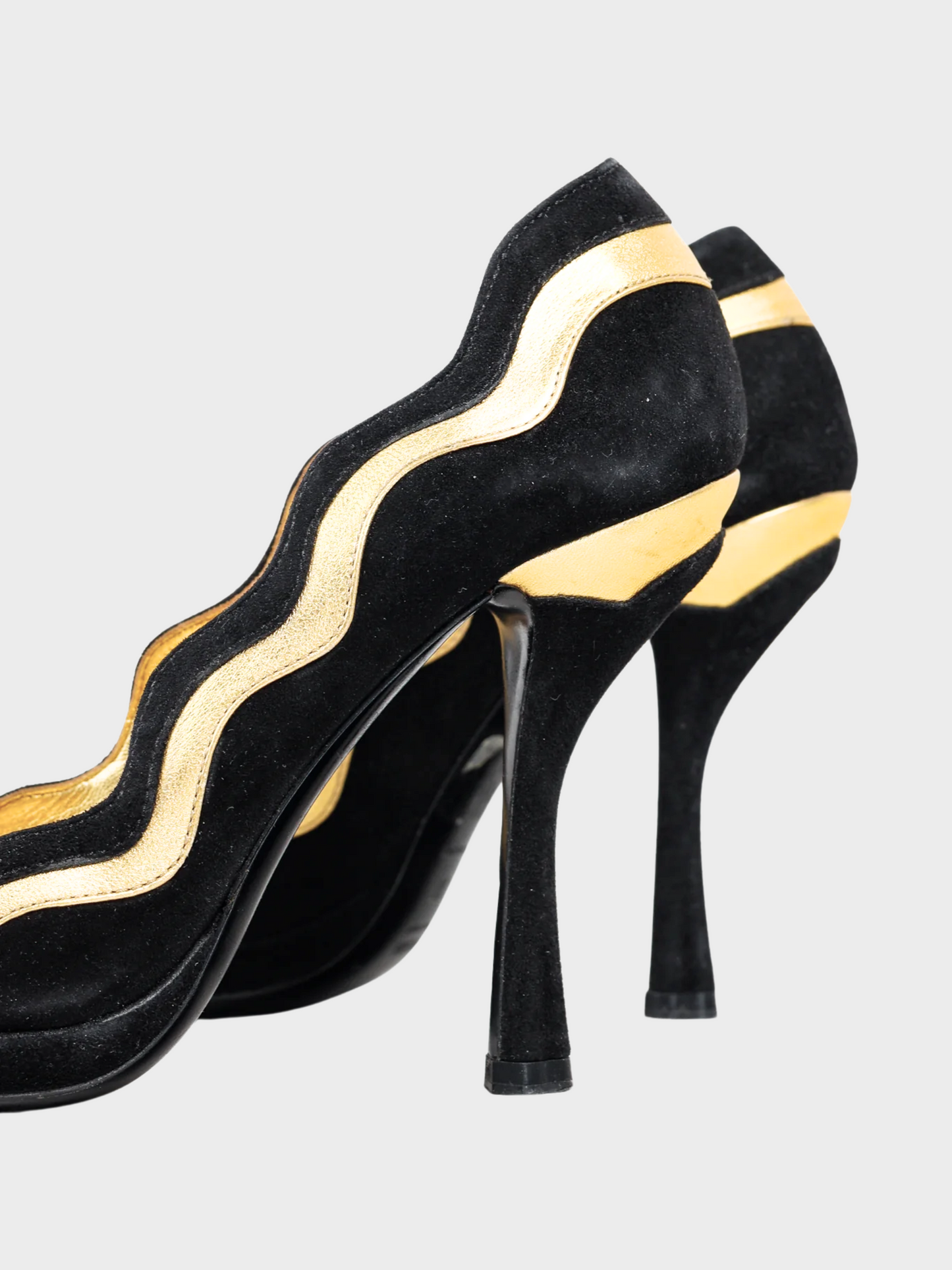 Prada SS 2008 Black Suede Wavy-Stripe Scalloped Heels