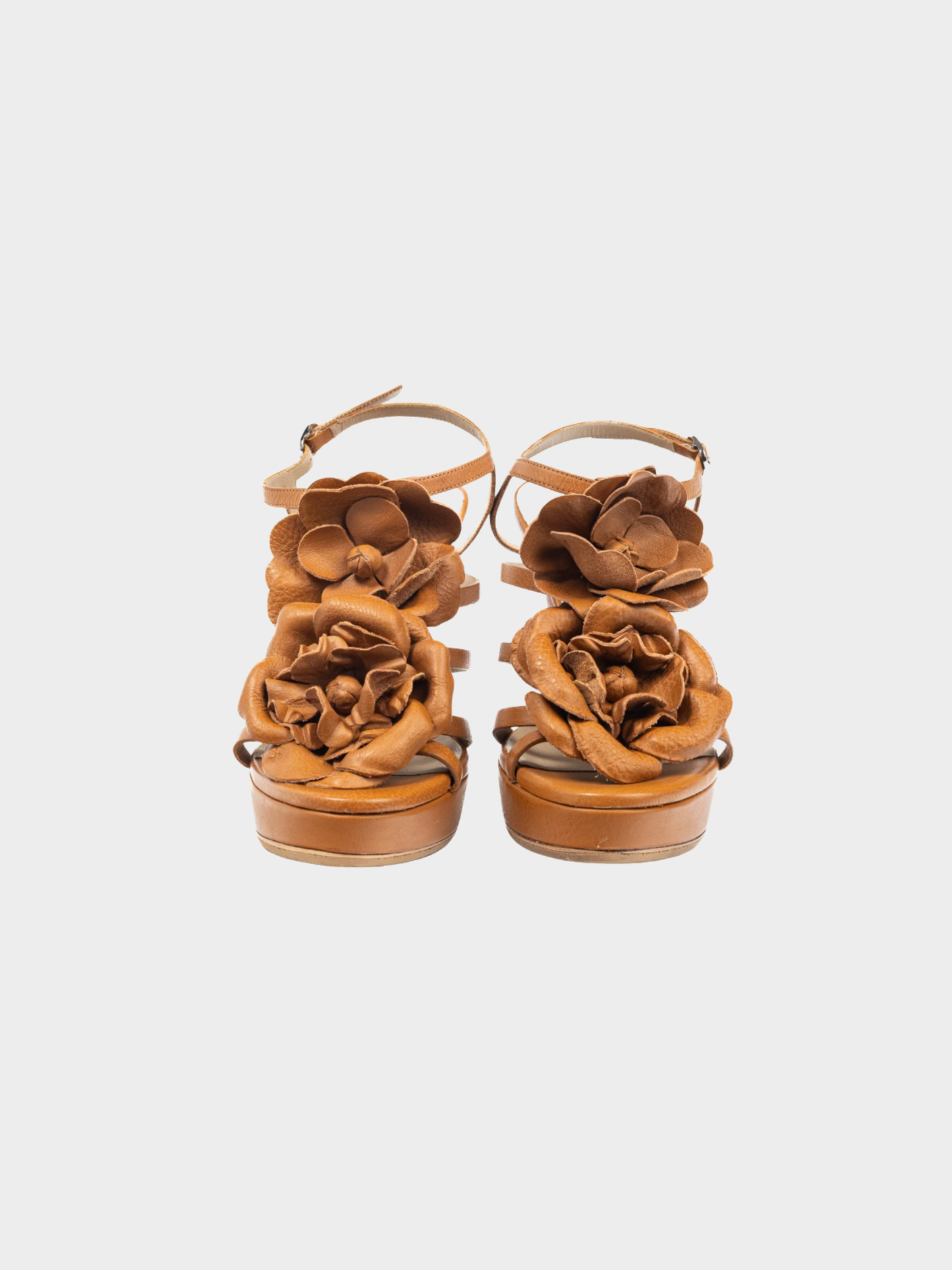 Valentino 2000s Brown Leather Rosette Platform Sandals