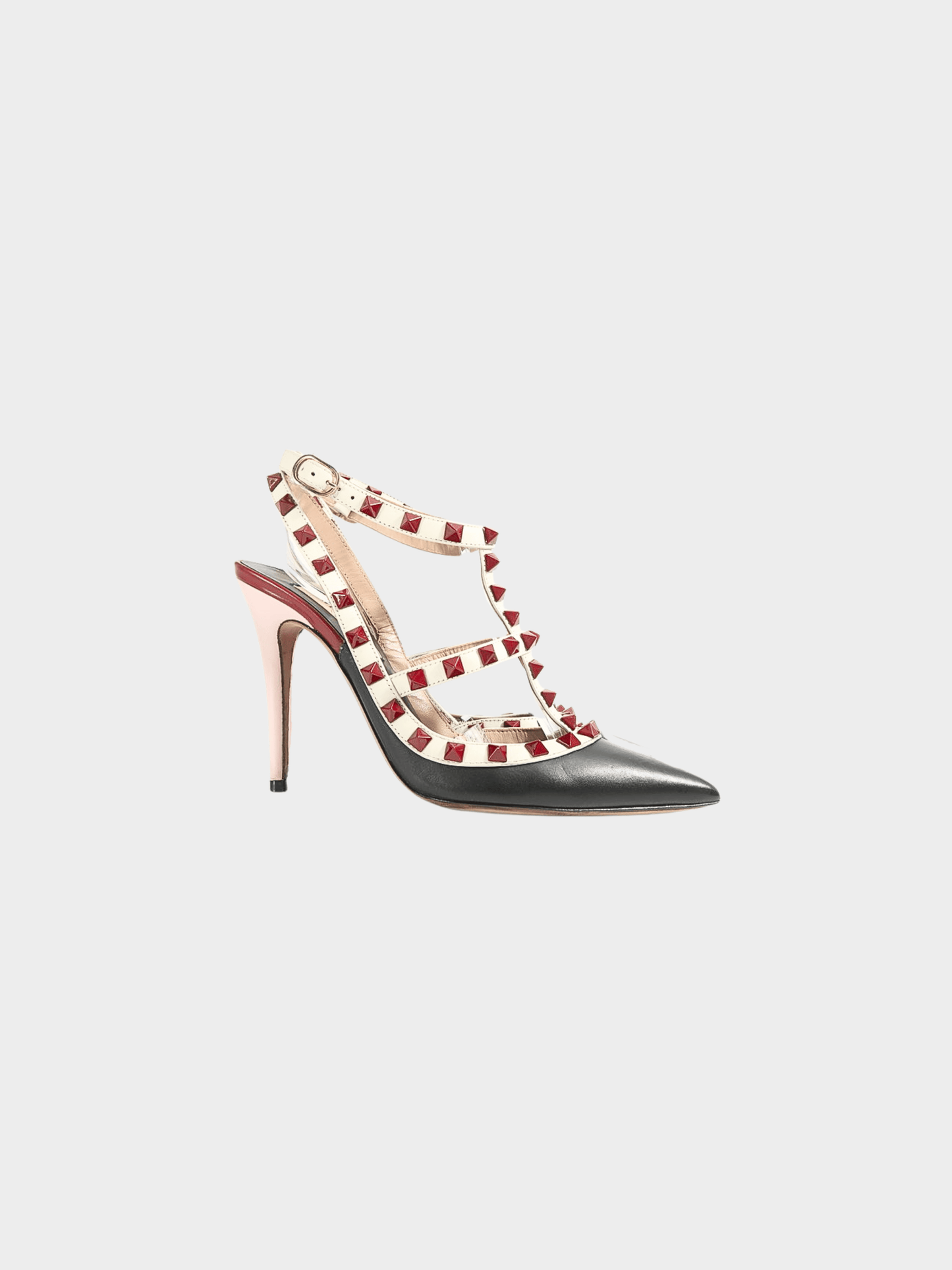 Valentino 2000s Black and Off White Leather Rockstud Ankle Strap Pumps