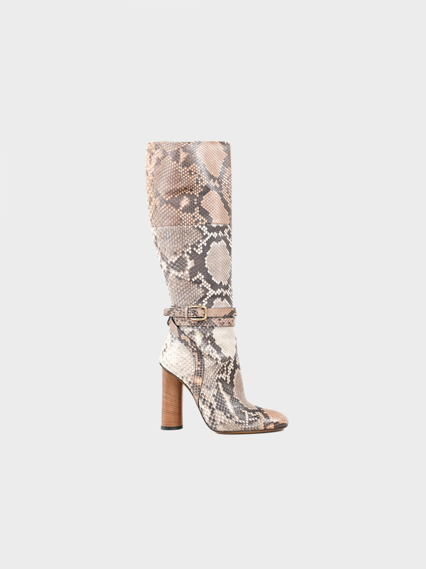 Gucci SS 2015 Beige Runway Biscotto & Taffy Python Buckled Knee-High Boots