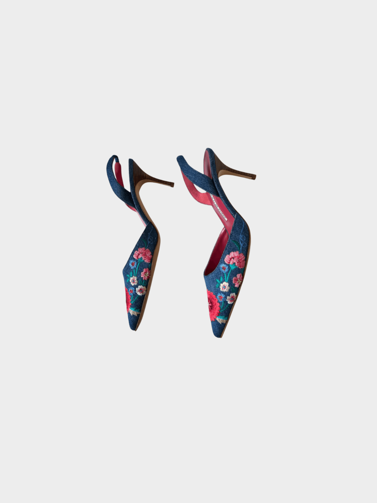 Manolo Blahnik 2000s Denim Floral Print Slingback Pumps