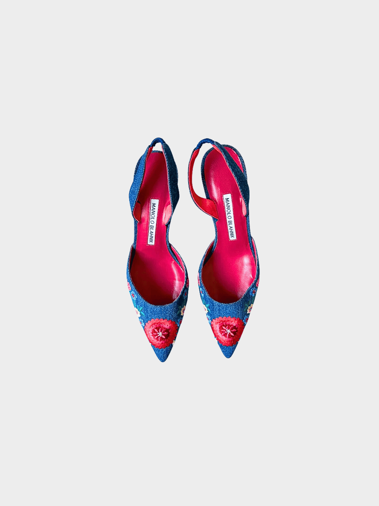 Manolo Blahnik 2000s Denim Floral Print Slingback Pumps