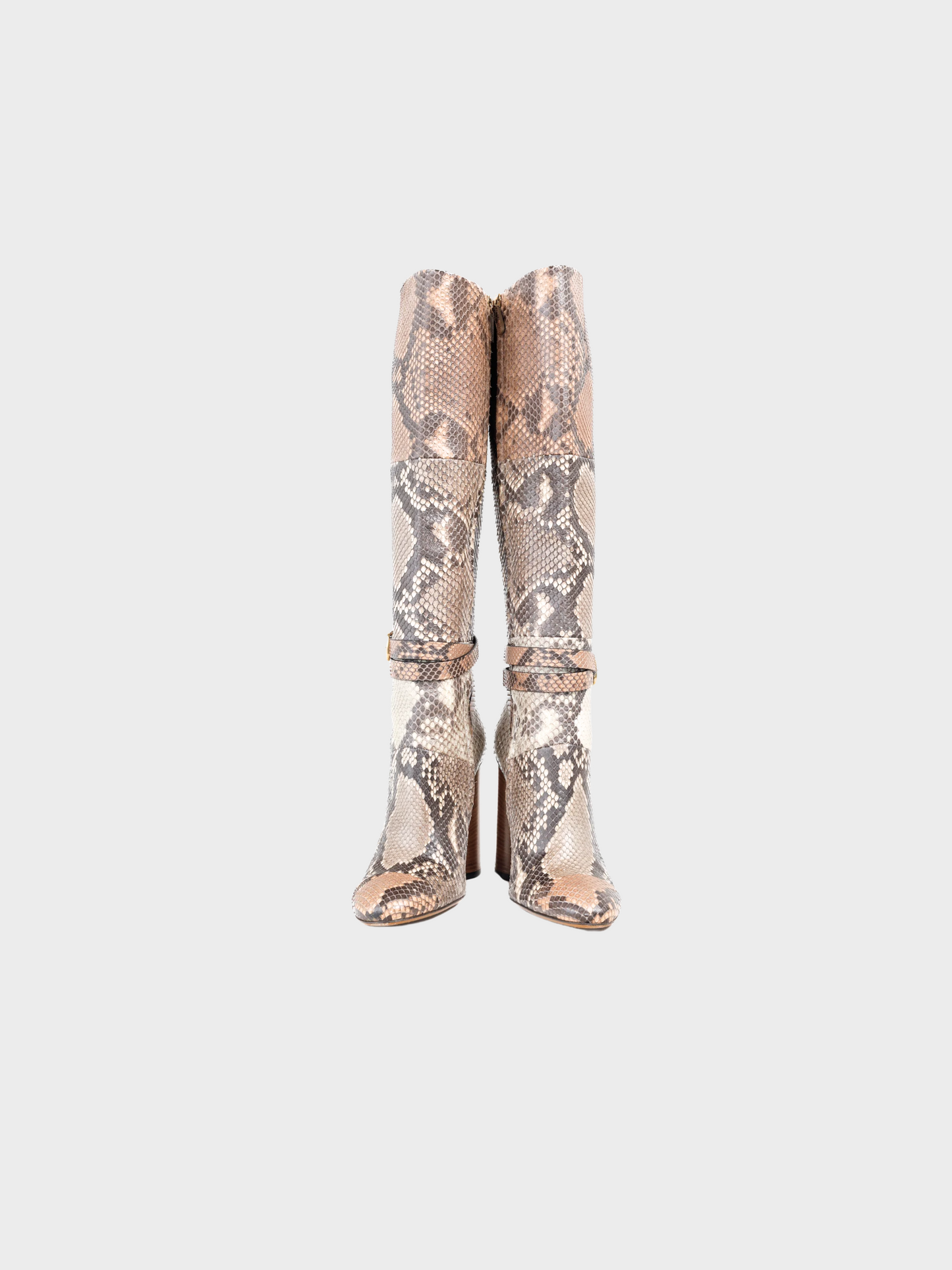Gucci SS 2015 Beige Runway Biscotto & Taffy Python Buckled Knee-High Boots