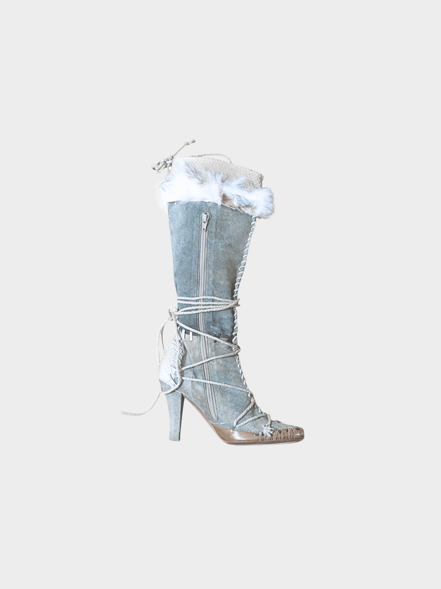 John Galliano 2000s Grey Suede Fur Python Boots