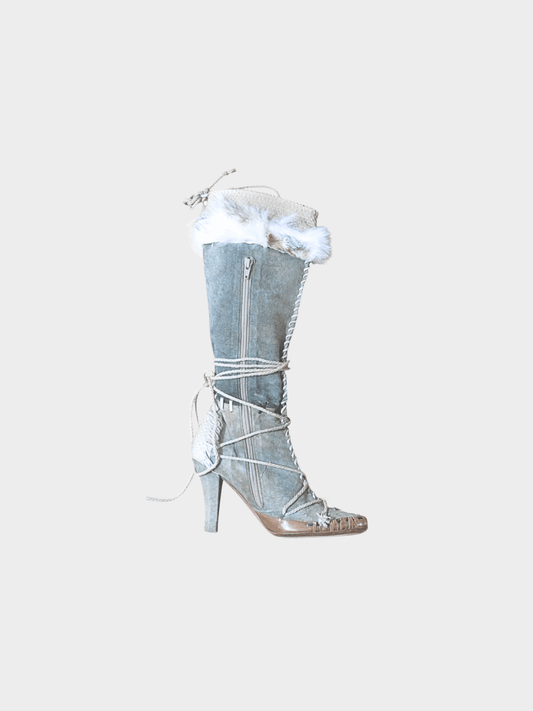 John Galliano 2000s Grey Suede Fur Python Boots